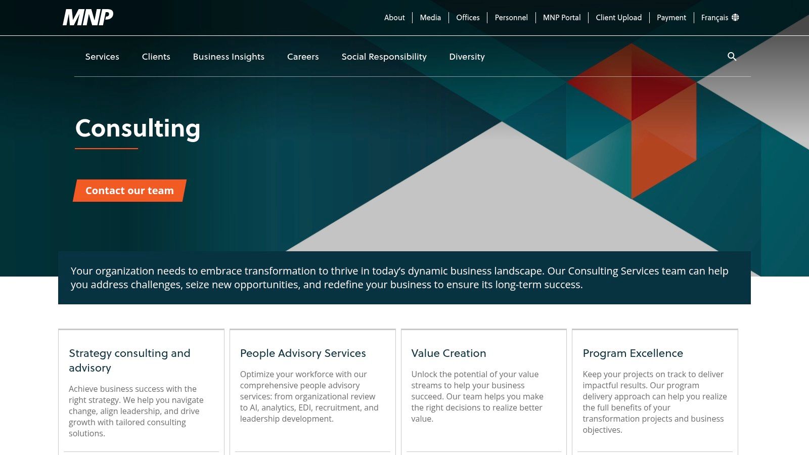 A screenshot of the MNP website's consulting services page, highlighting their broad capabilities in strategy, operations, and digital transformation.