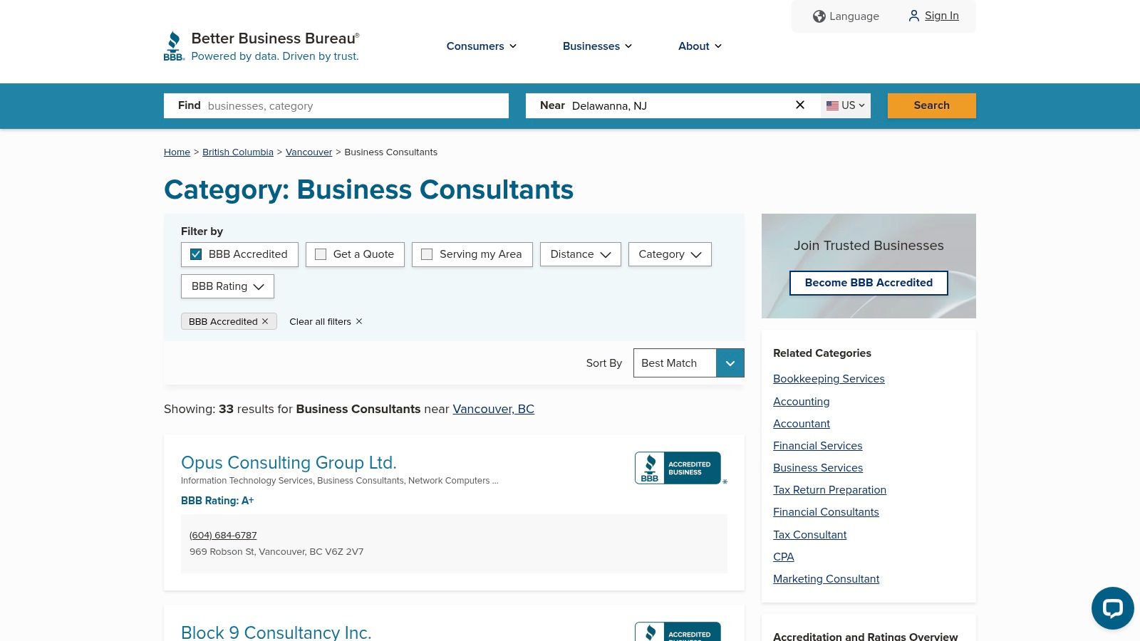 A screenshot of the Better Business Bureau (BBB) directory page for accredited business consultants in Vancouver, showing firm names, ratings, and locations.