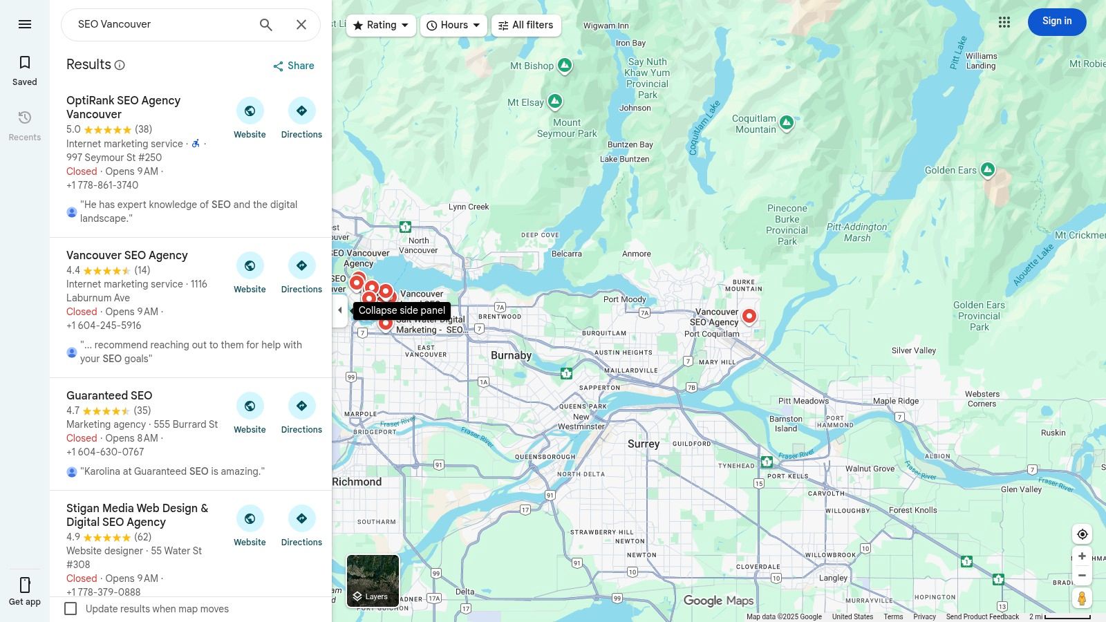 Google Maps search results for "SEO Vancouver," showing a map with pins for various agencies and a corresponding list with ratings, addresses, and website links.