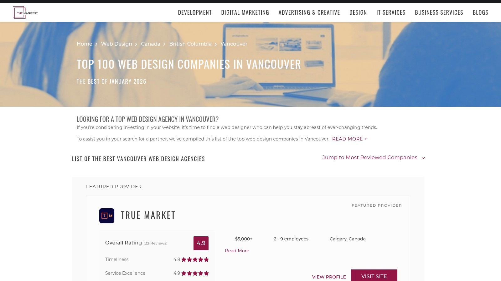 The Manifest's user interface showing a list of Vancouver web design agencies