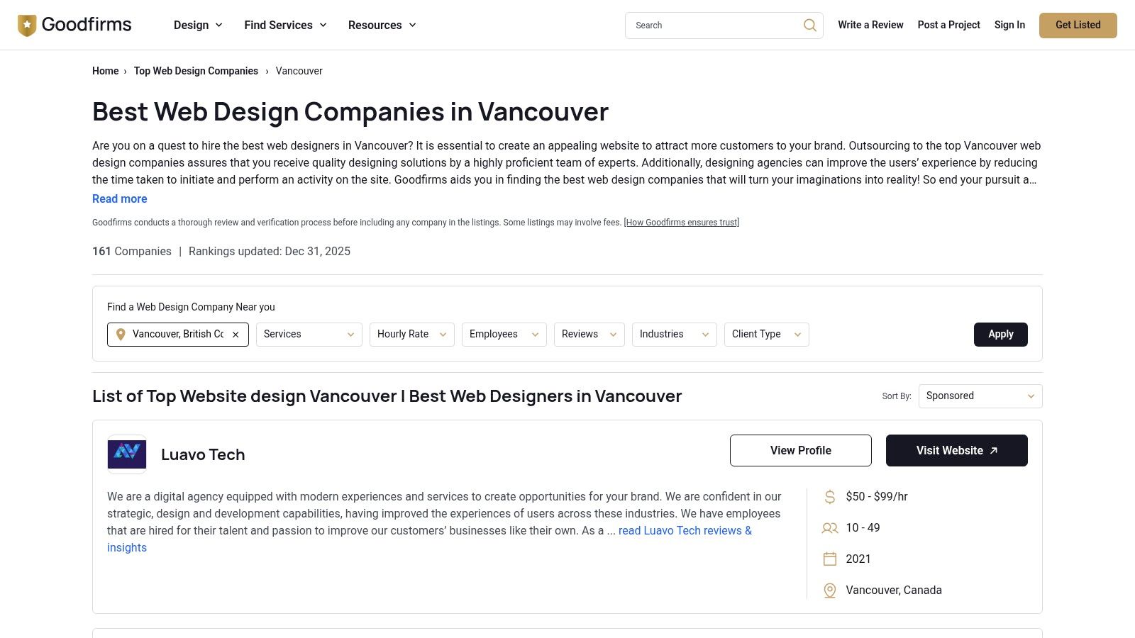GoodFirms user interface showing a list of web design agencies in Vancouver
