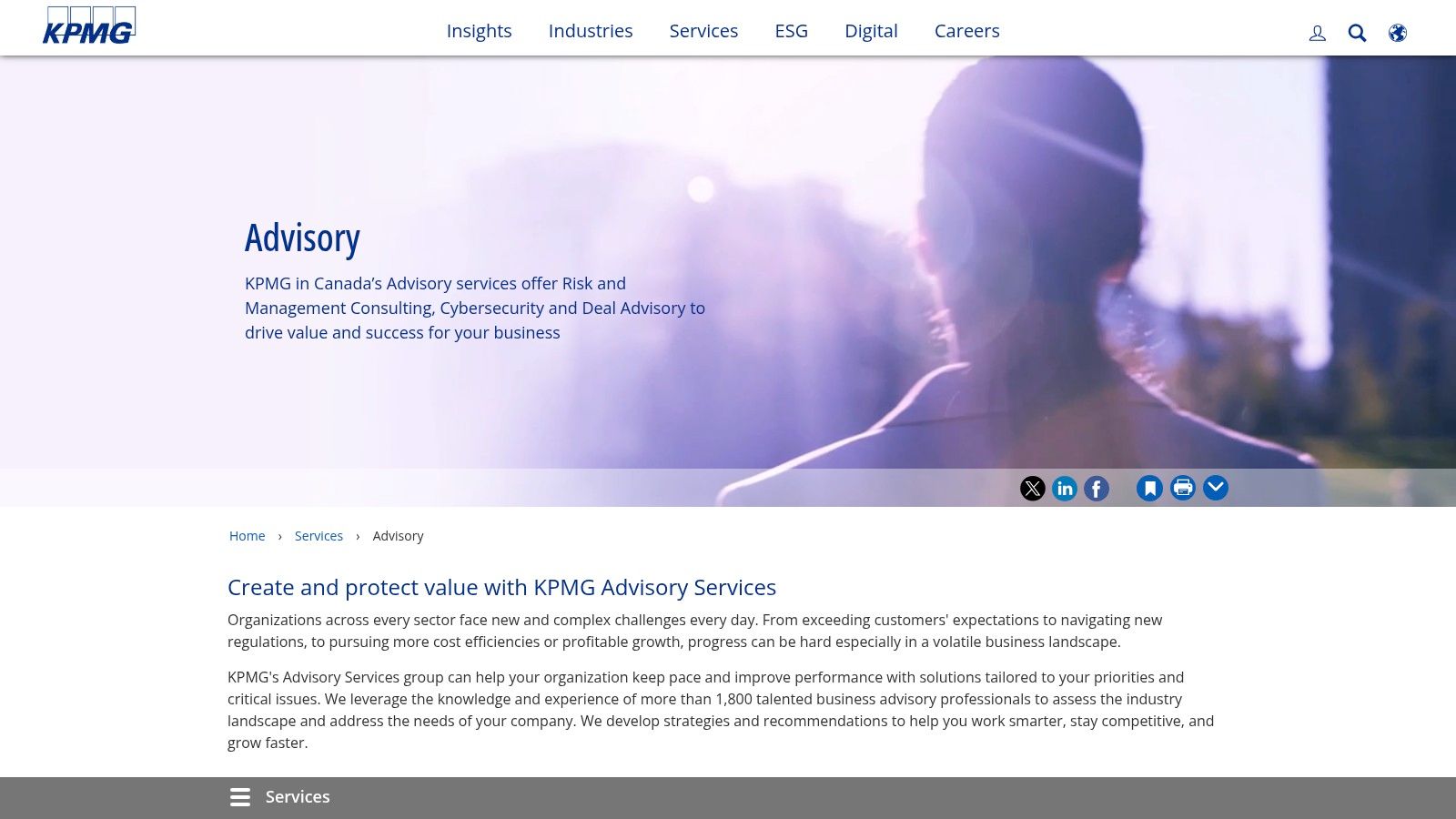The KPMG Canada advisory services webpage, showcasing their key offerings in management consulting, deal advisory, and risk consulting.