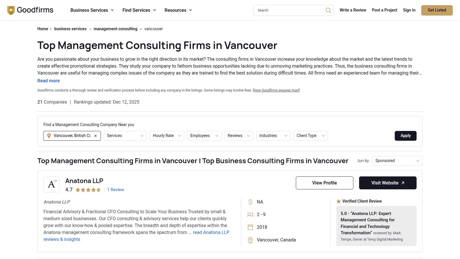 A screenshot of the GoodFirms website showing a list of top-rated management consulting companies in Vancouver, with details on hourly rates and team size.