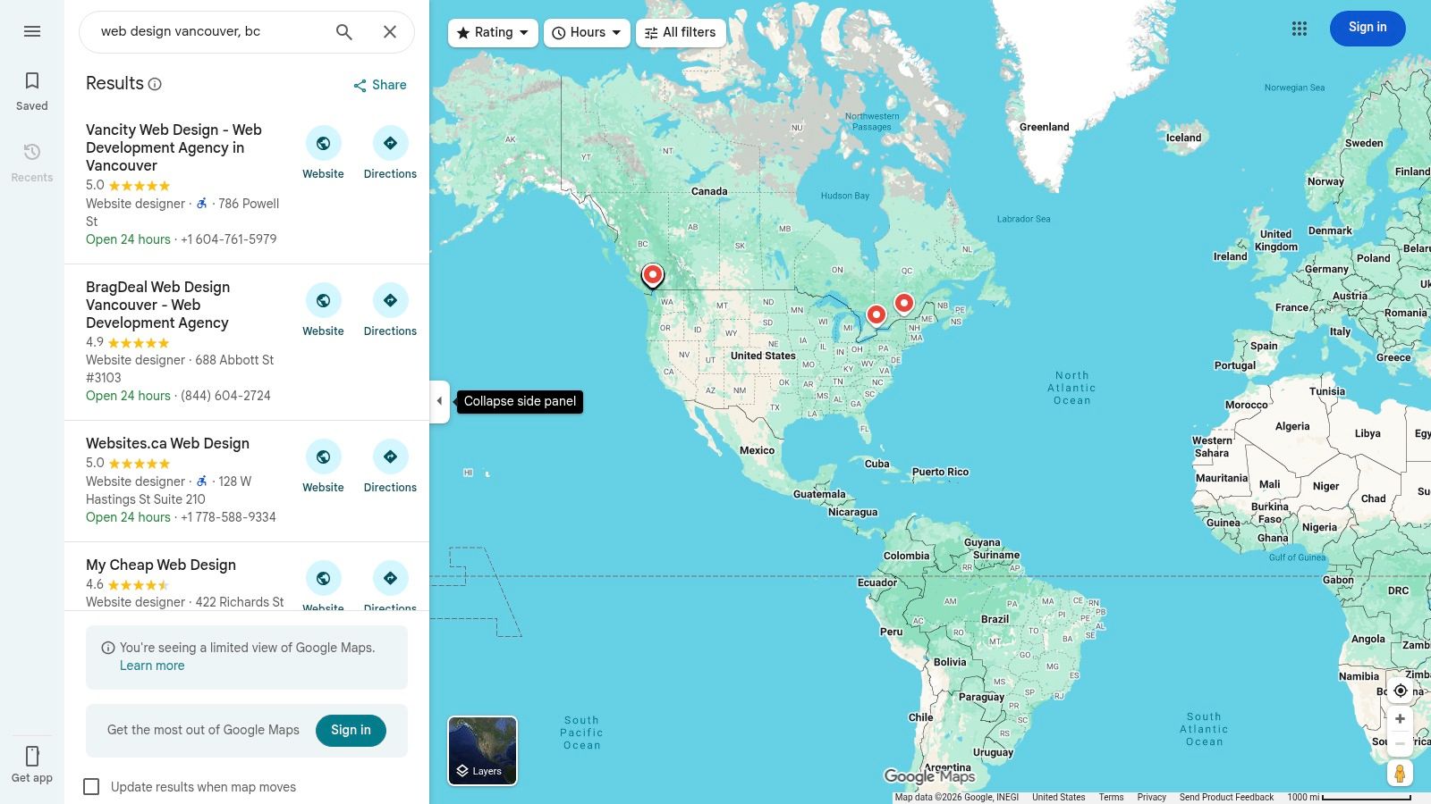 A screenshot of a Google Maps search for "web design vancouver", showing a map with various business listings and their locations.