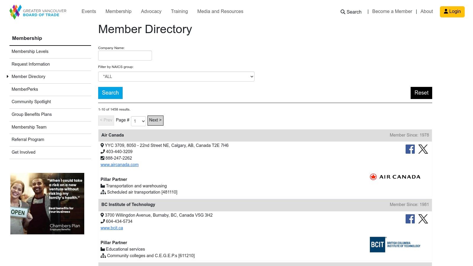 A screenshot of the Greater Vancouver Board of Trade member directory, showcasing a search bar and categories for finding local businesses.