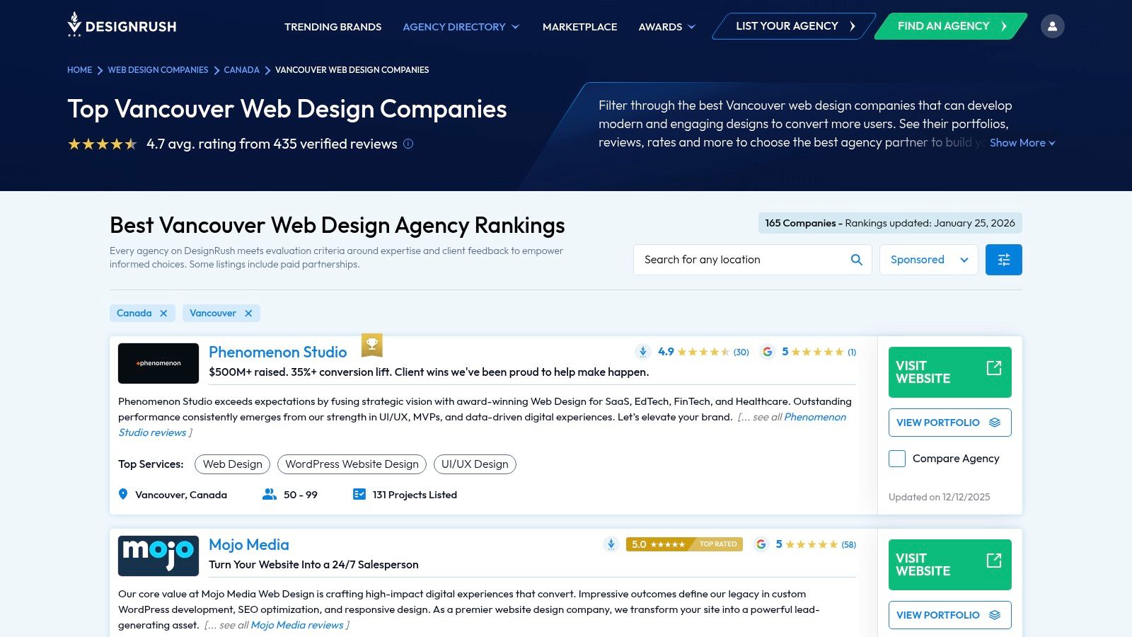 DesignRush user interface showing a list of web design companies in Vancouver