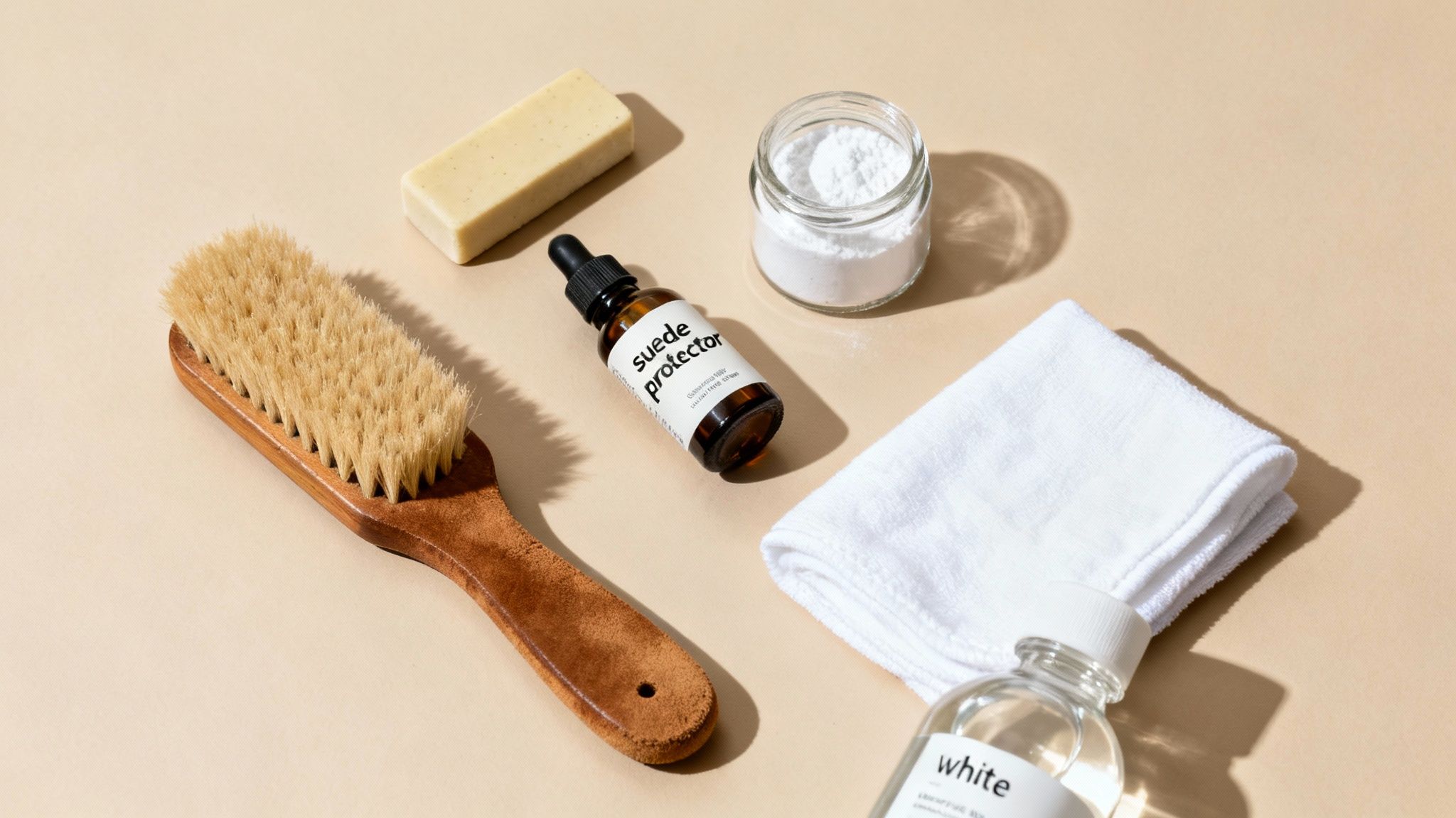 Suede cleaning supplies including brush, protector spray, soap, cleaning powder, and white cloth on beige background