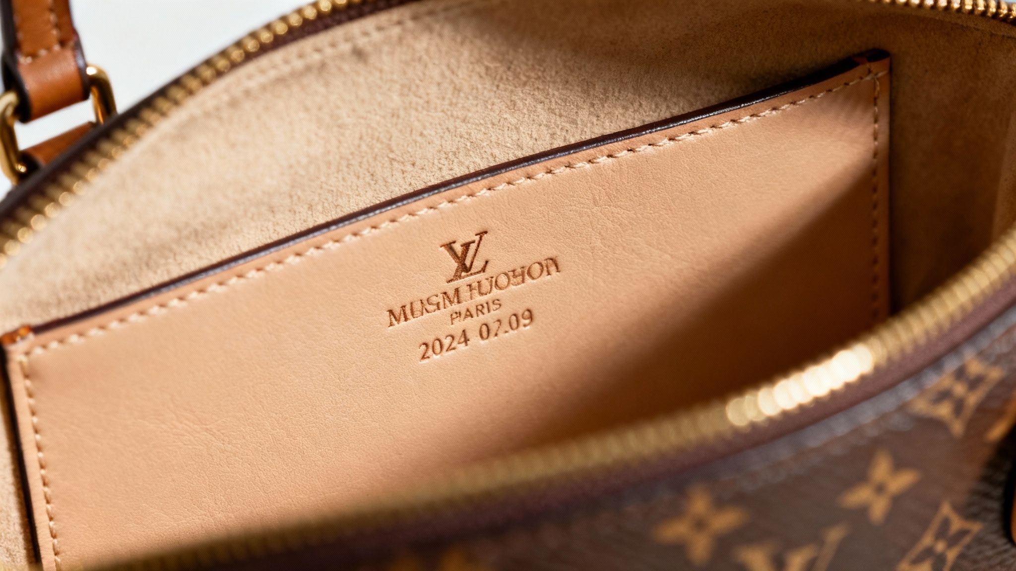 A close-up of a designer bag's interior label showing the logo and date code