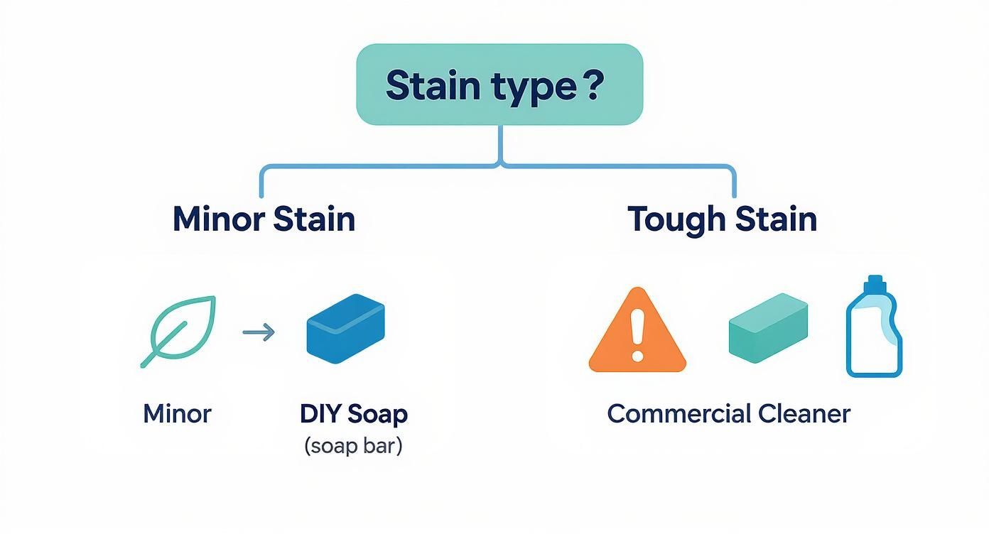 Infographic decision tree showing that minor stains can be treated with DIY soap, while tough stains require a commercial cleaner.