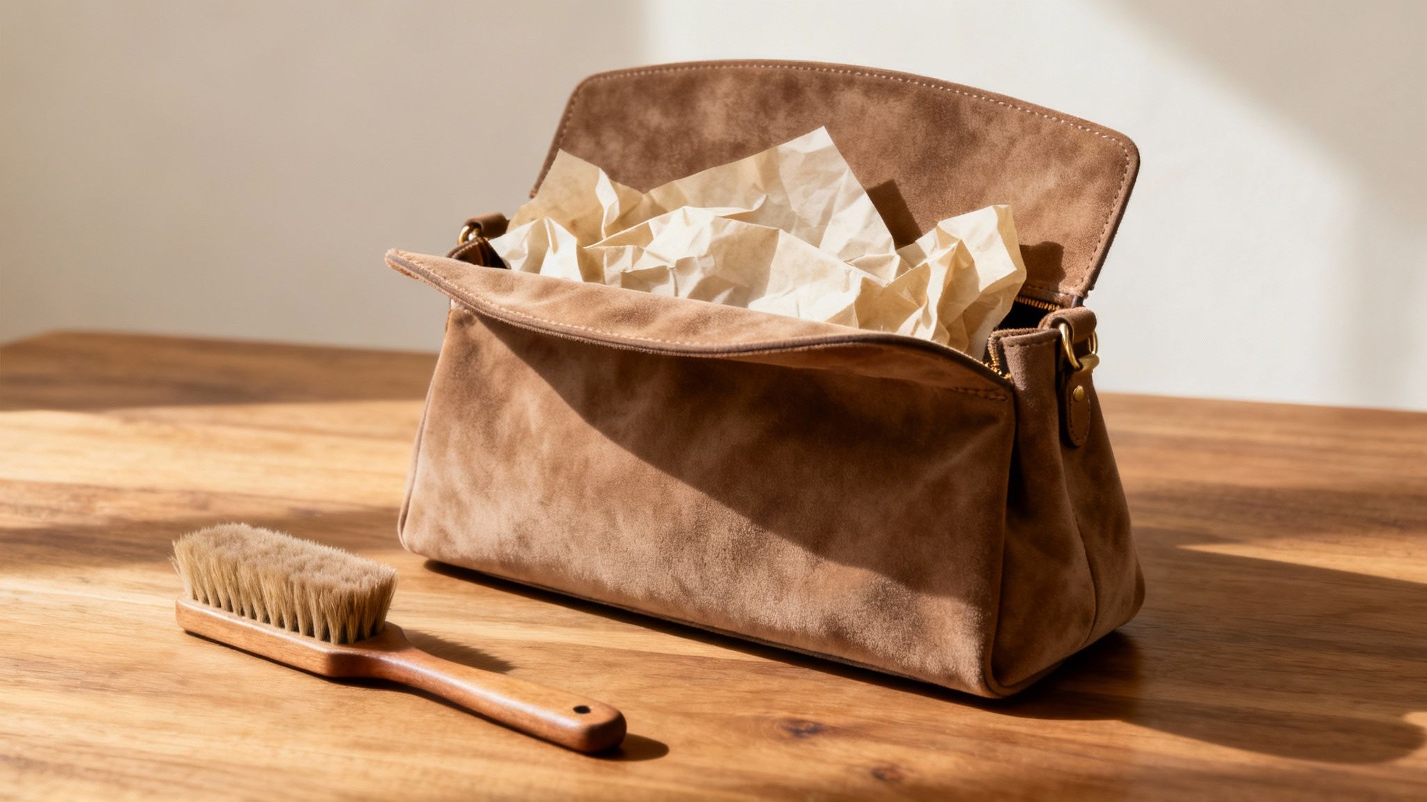 Brown suede purse filled with crumpled tissue paper and wooden cleaning brush on table