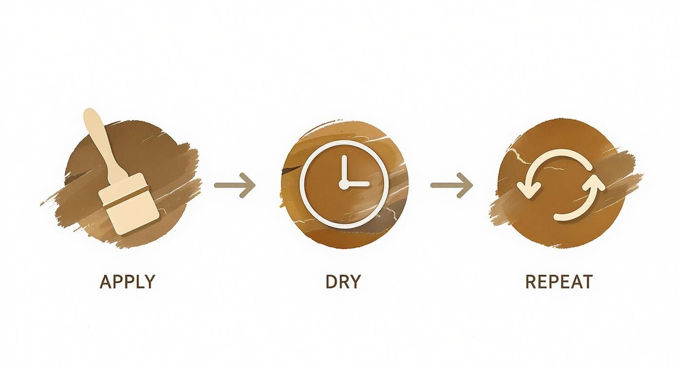 Three step process showing how to dye leather: apply stain, allow drying time, and repeat application
