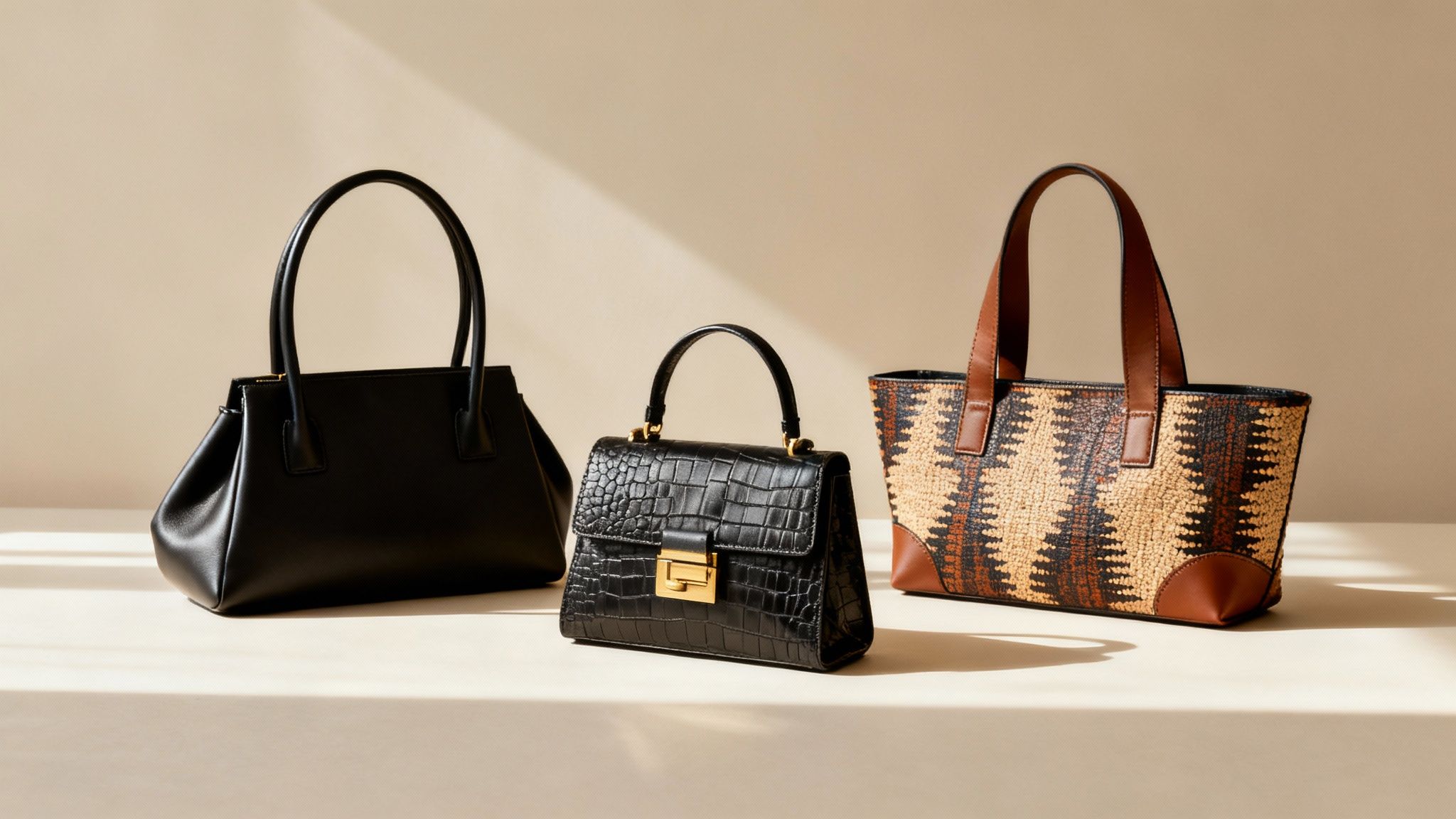 A collection of designer handbags by African American designers displayed elegantly