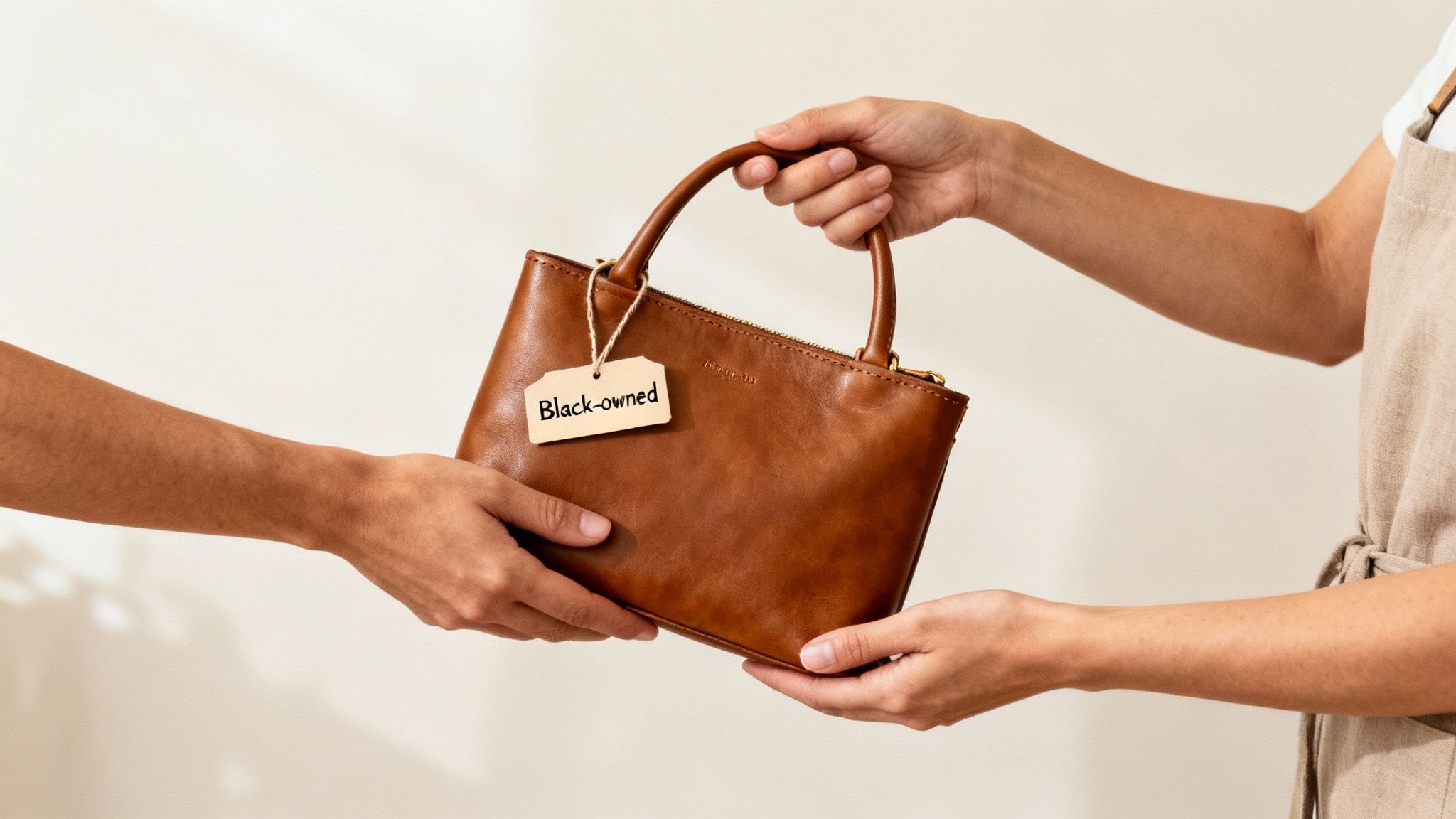 A stylish woman in a white blazer holding a sleek, black leather handbag from a Black-owned designer.