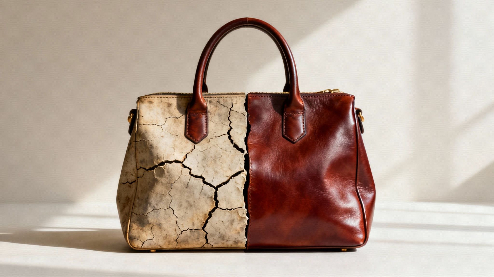 A woman applying conditioner to a light-colored leather handbag to protect it.