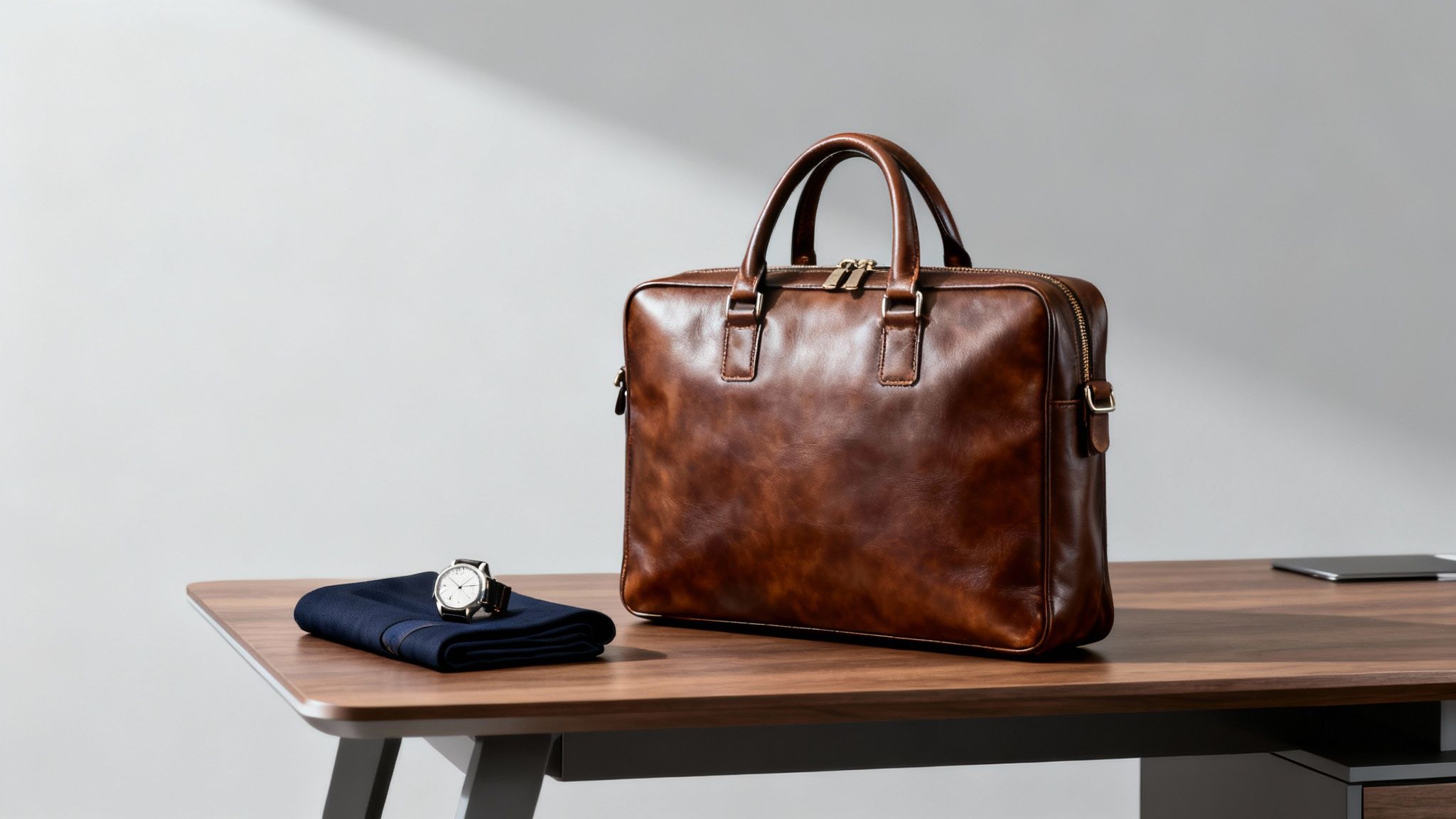 A professional woman in a city setting, holding a stylish black leather business bag.