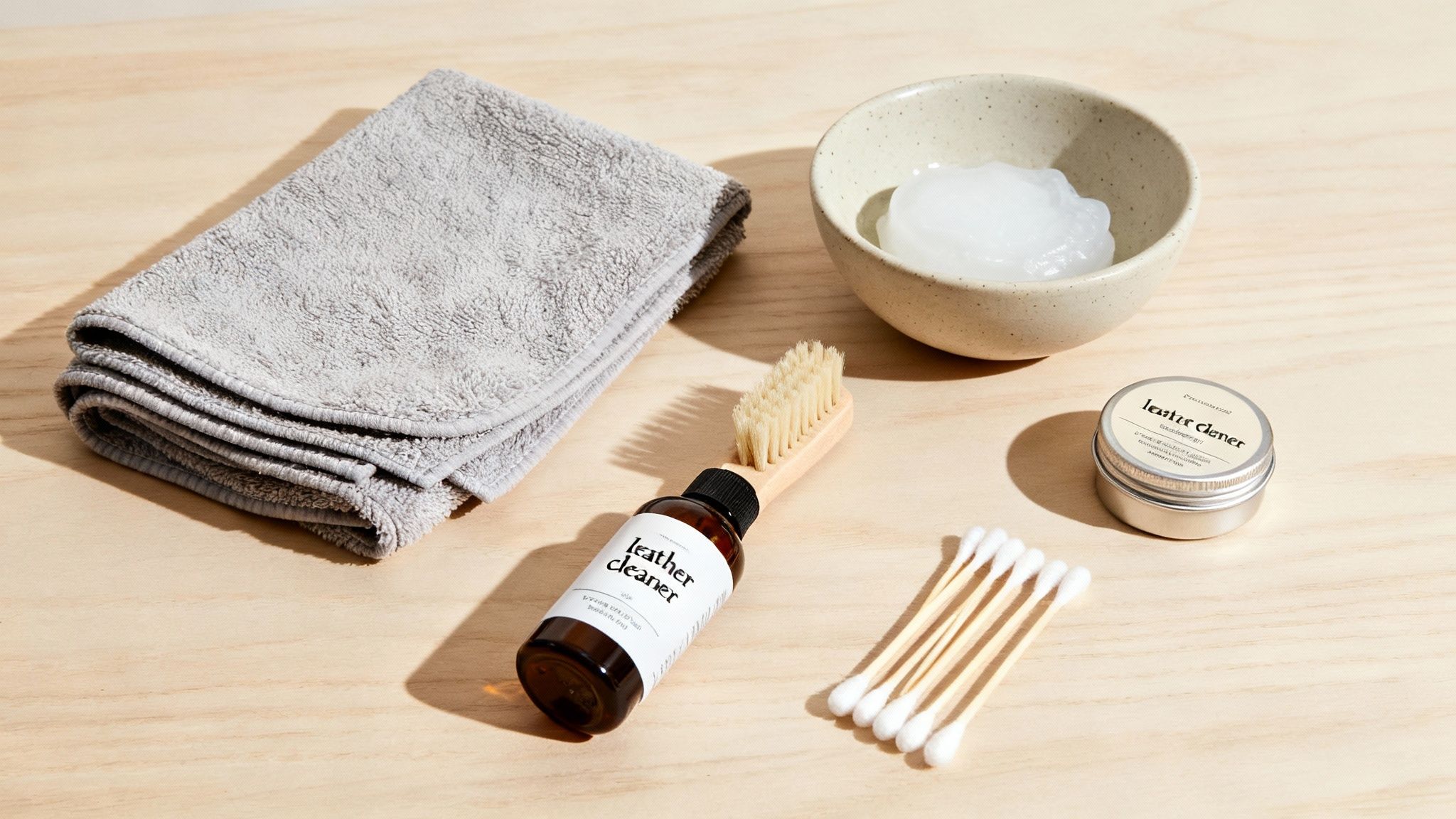 A person gently wiping a leather Coach purse with a soft, white microfiber cloth in circular motions.
