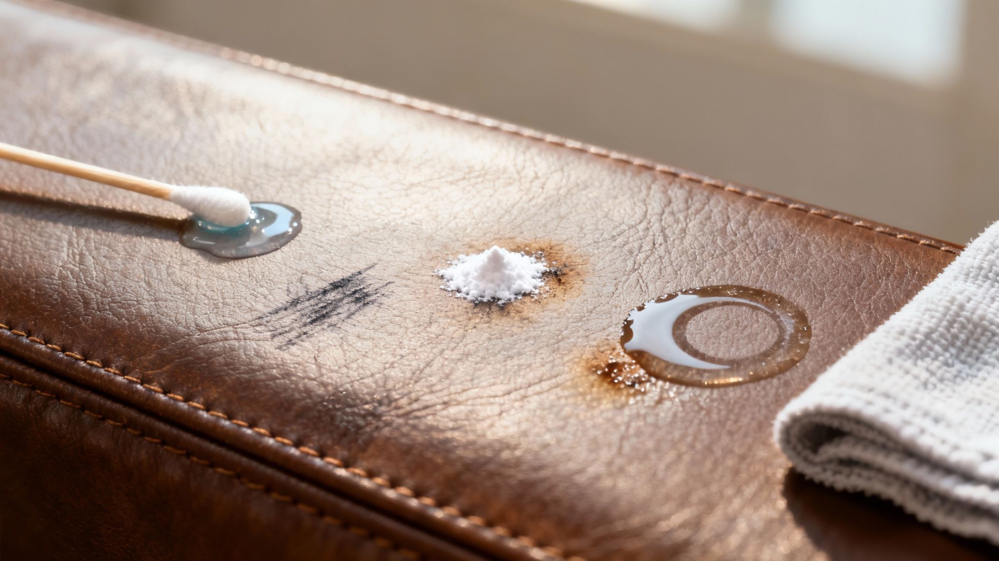A close-up of a person carefully blotting a stain on a leather purse.