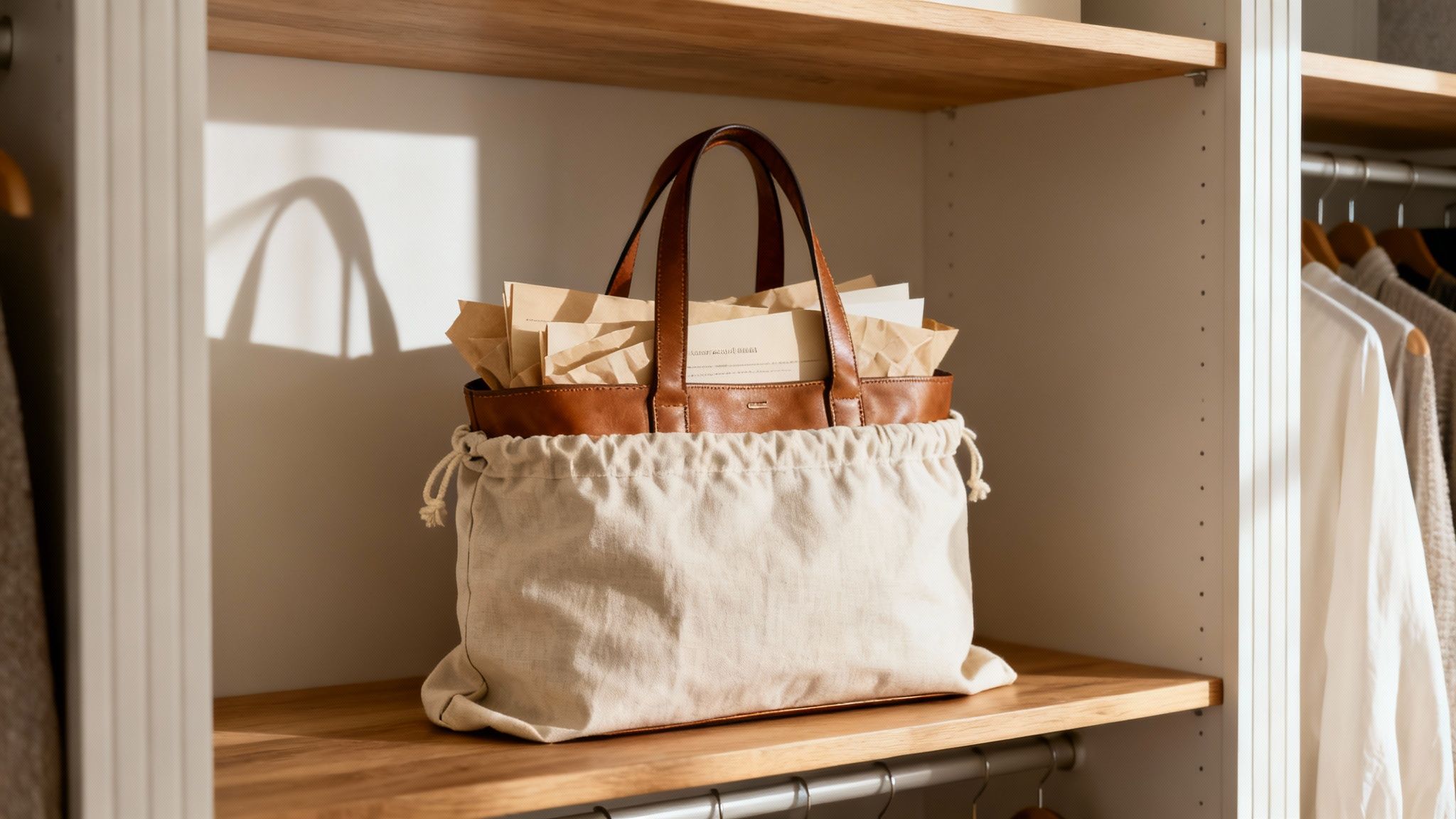 Woman placing a leather handbag into a white dust bag for storage.