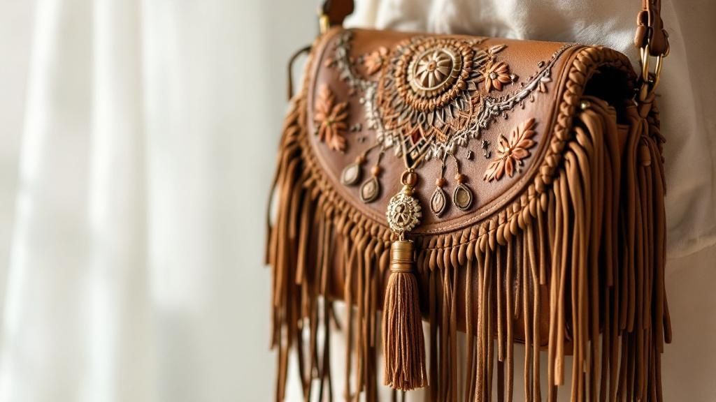 A woman holding a brown suede boho purse with long fringe