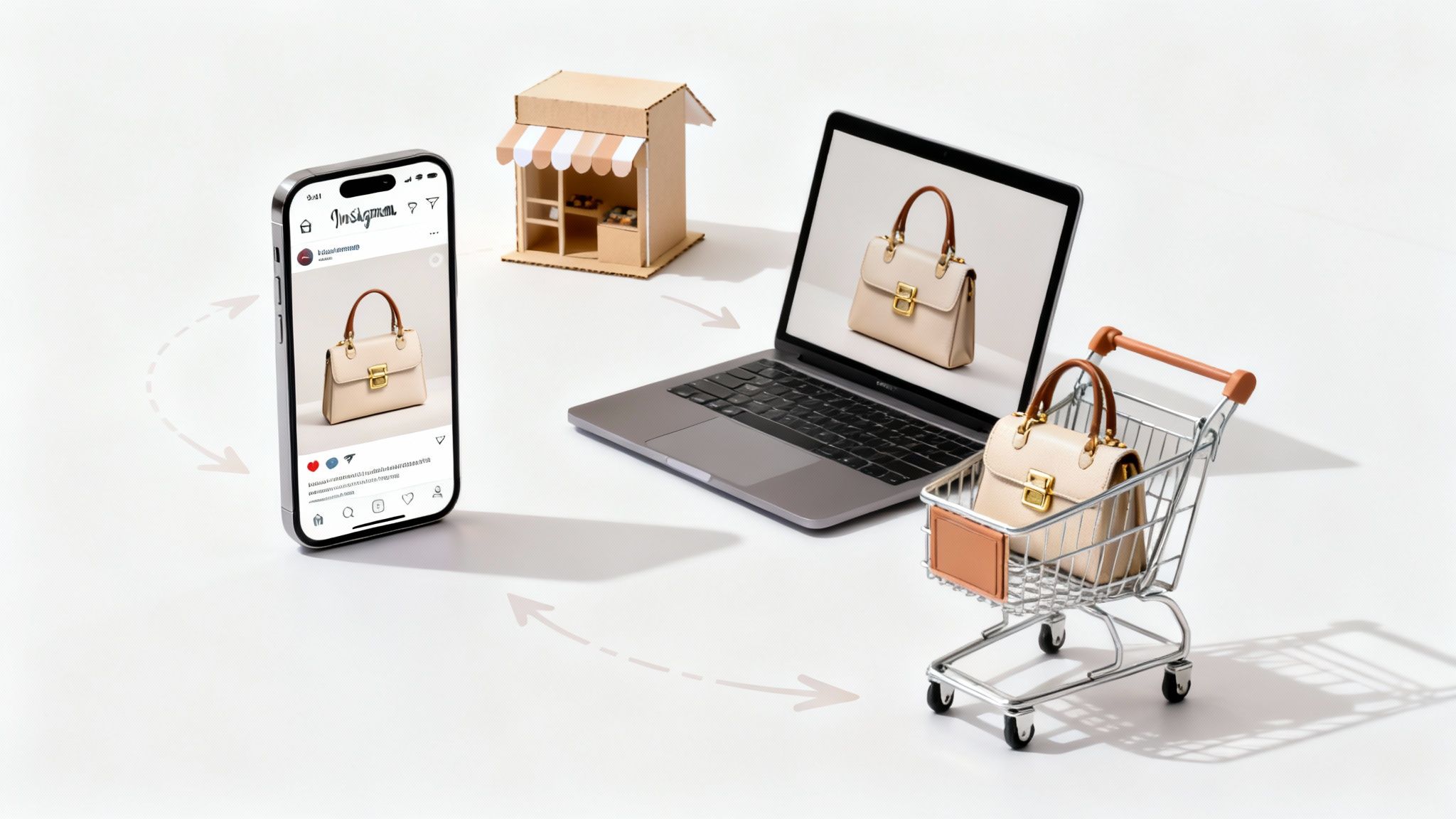 A woman browsing handbags on her phone in a stylish setting