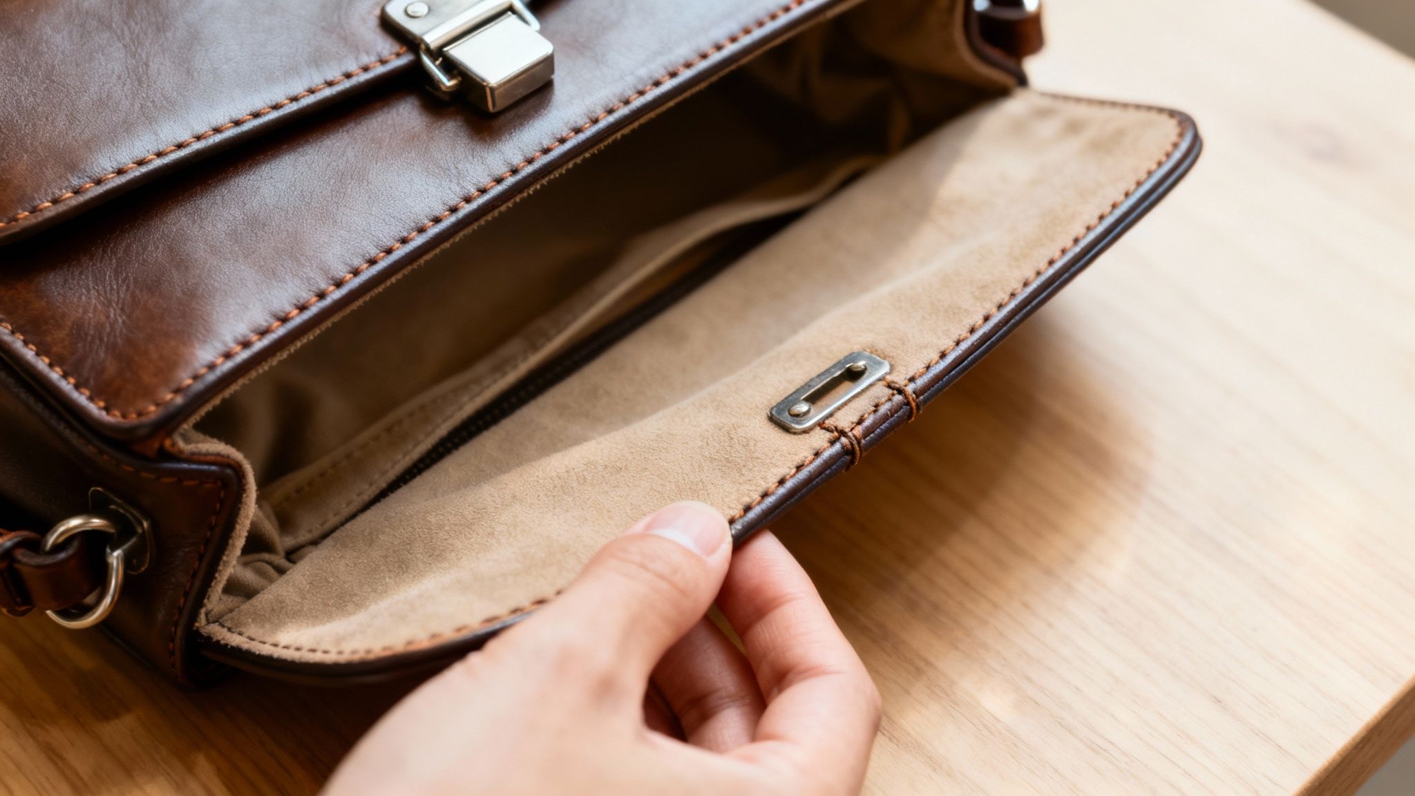 A woman inspecting the stitching on a real leather women's handbag