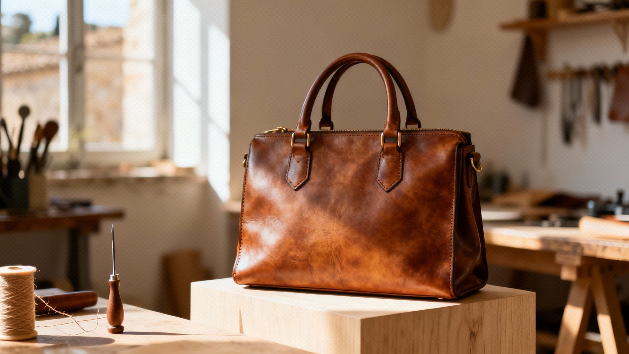A collection of high-quality Italian leather handbags in various colors and styles