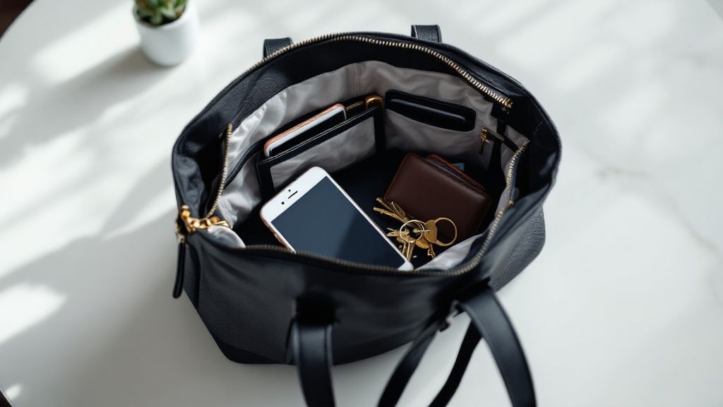 A black mini tote bag is displayed, focusing on its handles and closure details.