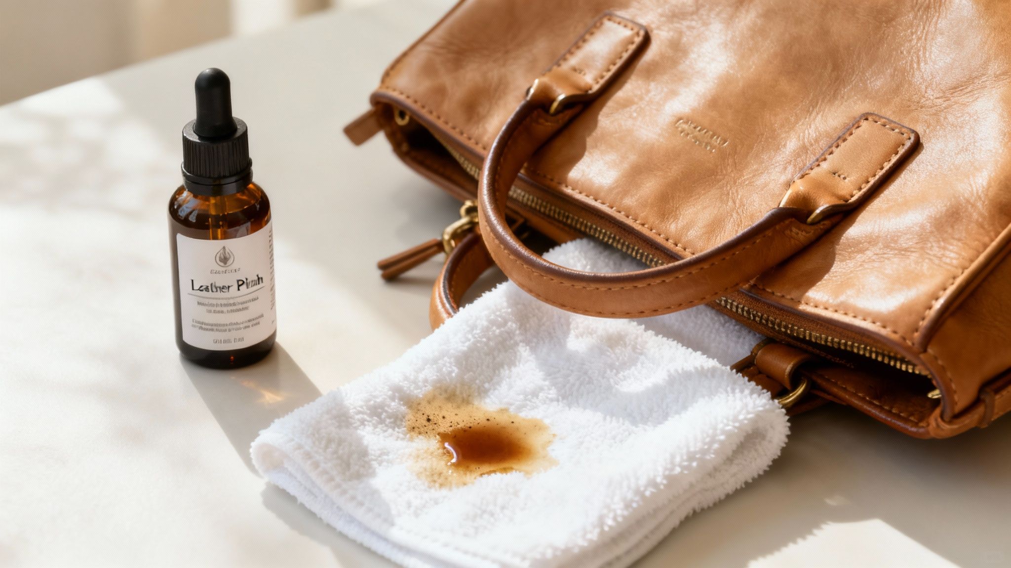 Someone carefully wiping a light-colored leather bag with a soft white cloth.