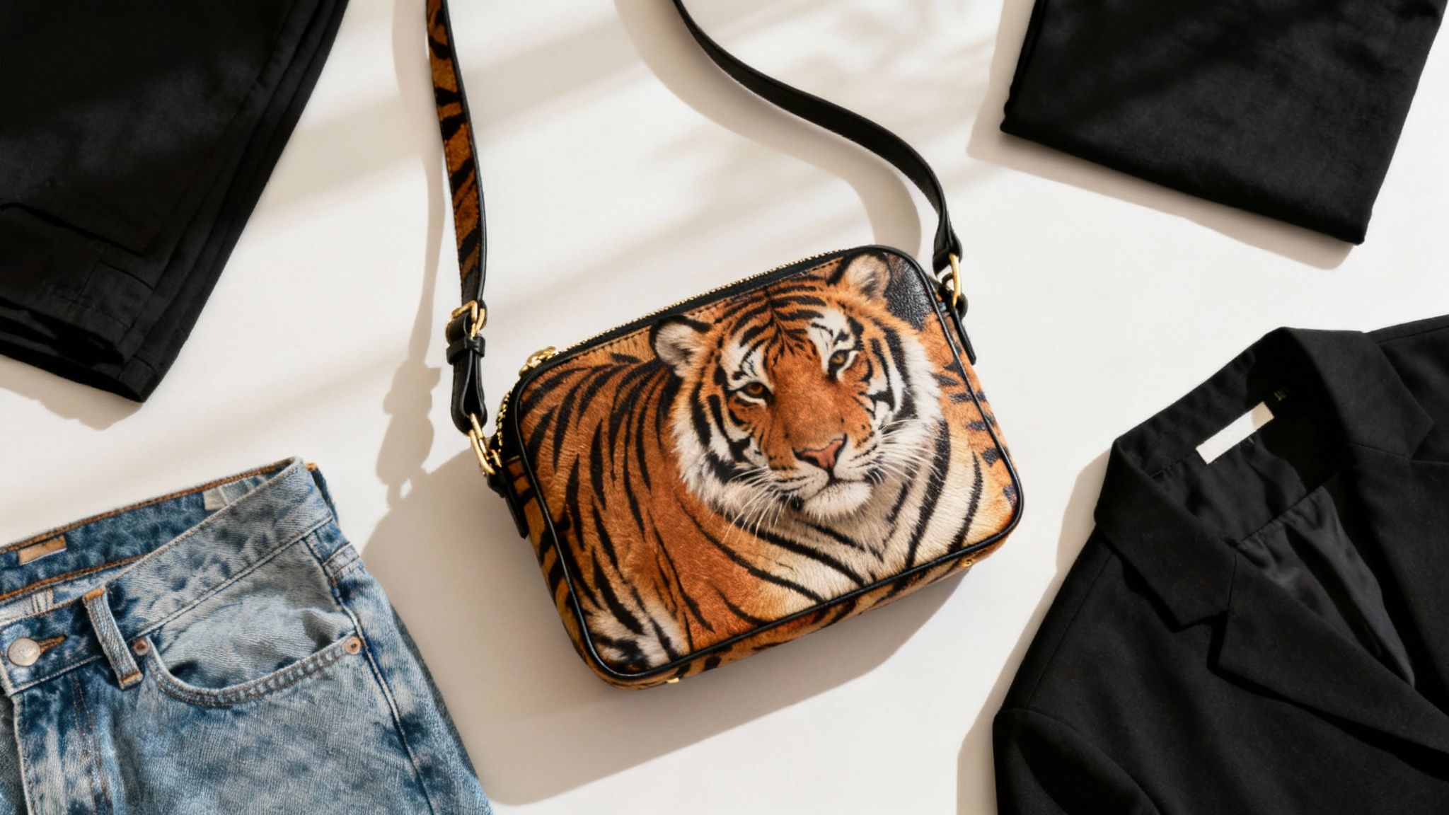 A woman confidently carrying a tiger print handbag, showcasing how it can be a focal point against a neutral outfit.