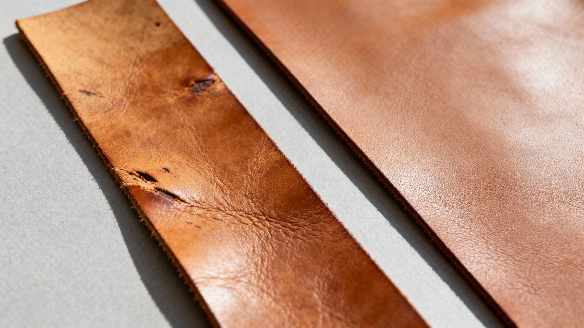 A close-up shot of a brown top grain leather handbag, highlighting its smooth, consistent texture and subtle grain.