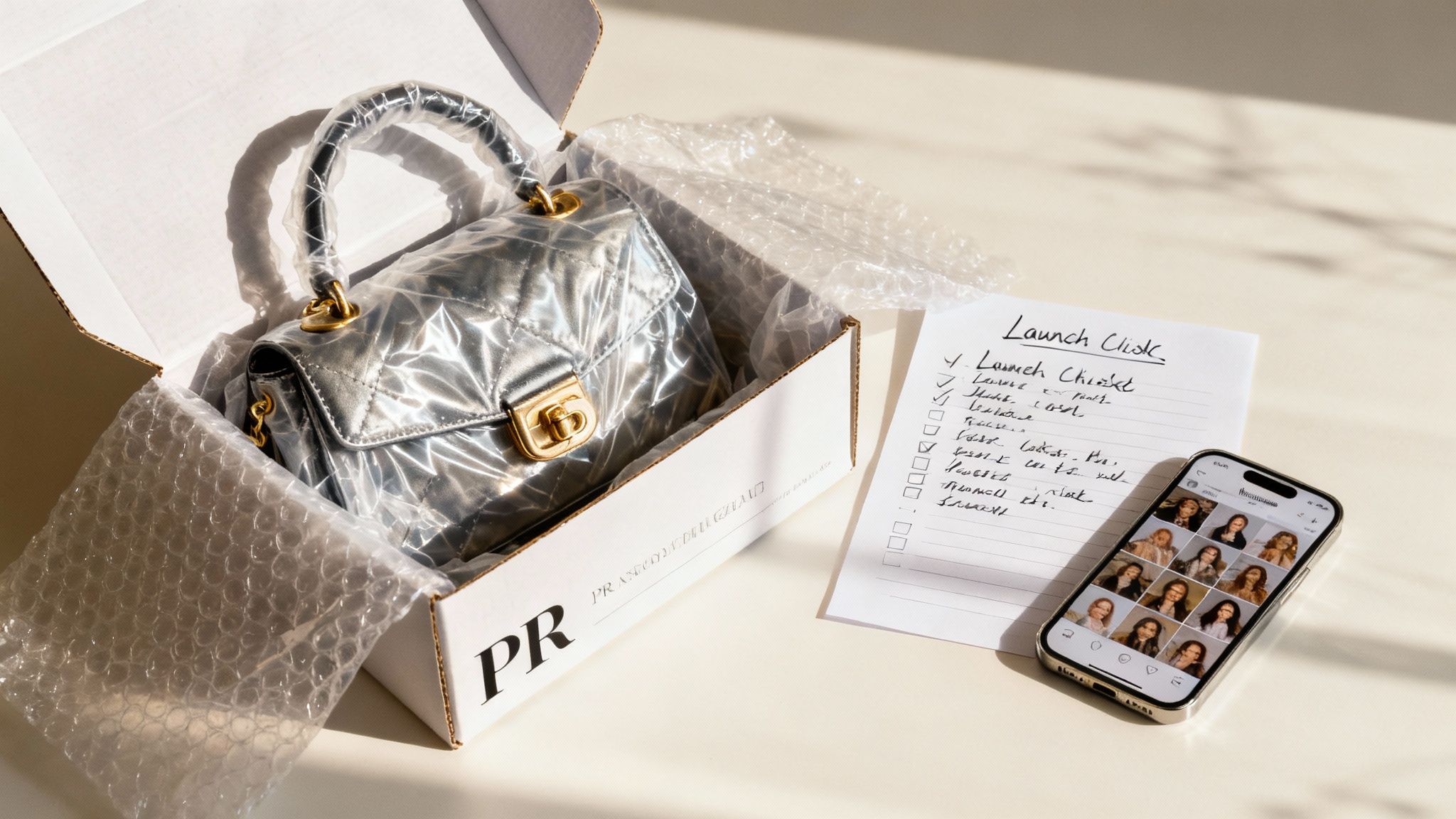 A woman confidently showcasing a new handbag, representing a successful brand launch.