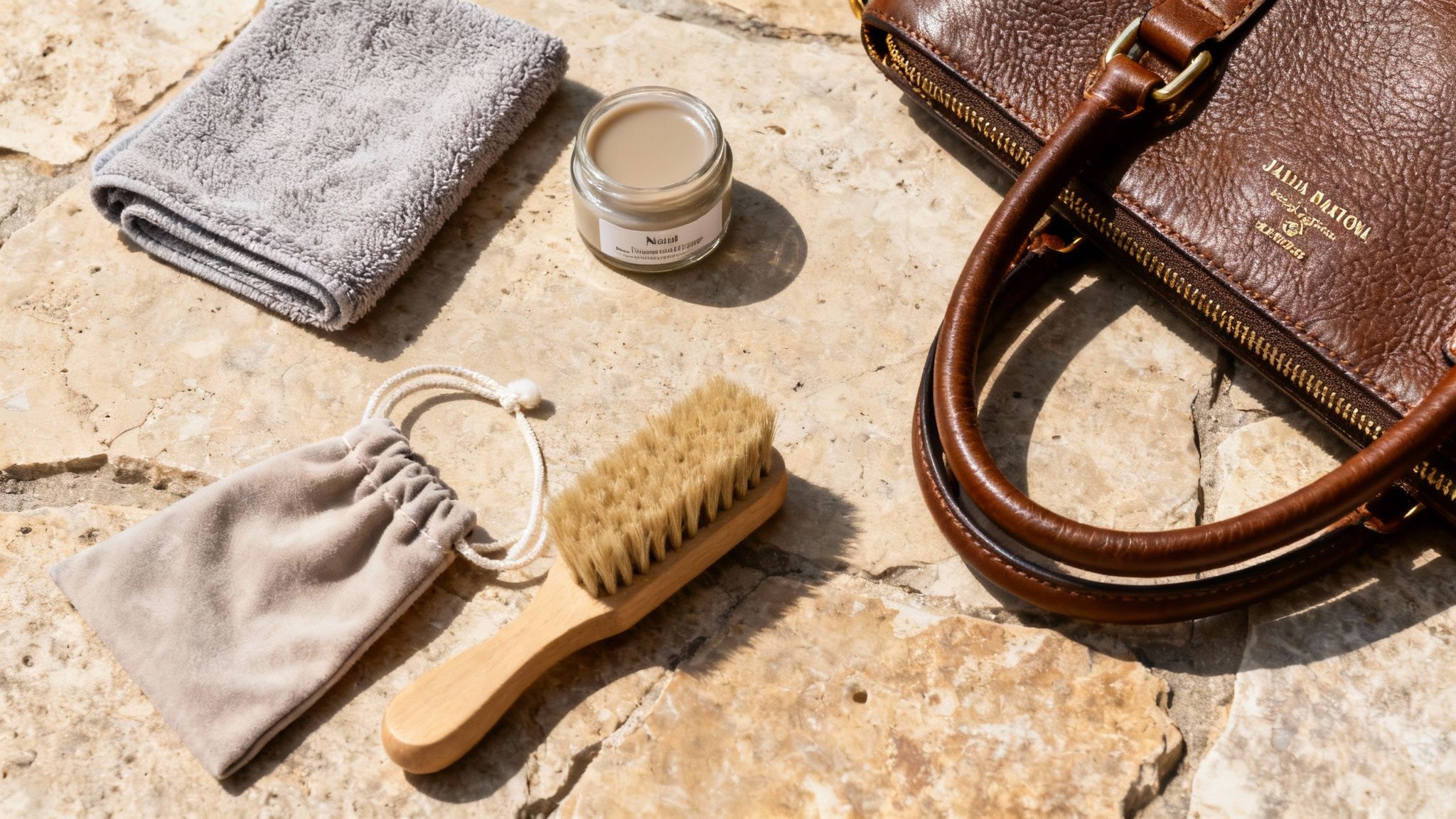 A woman carefully cleaning a high-quality Italian leather handbag with a soft cloth.