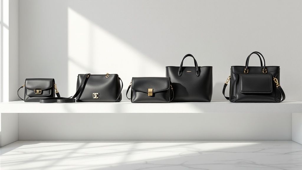 Woman in a black dress holding a stylish black designer handbag