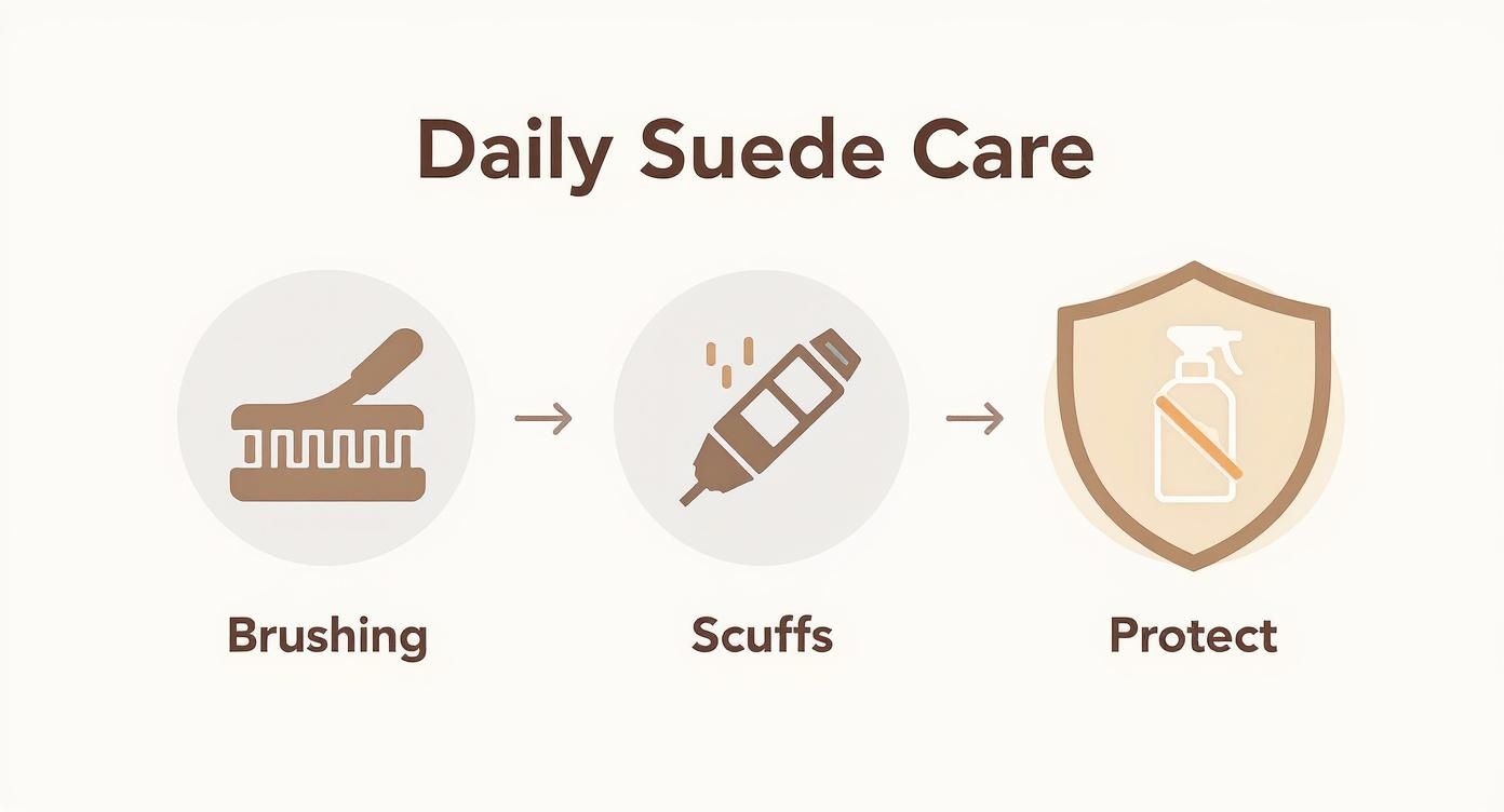 Daily suede care infographic showing three steps: brushing with suede brush, treating scuffs, and protecting with spray