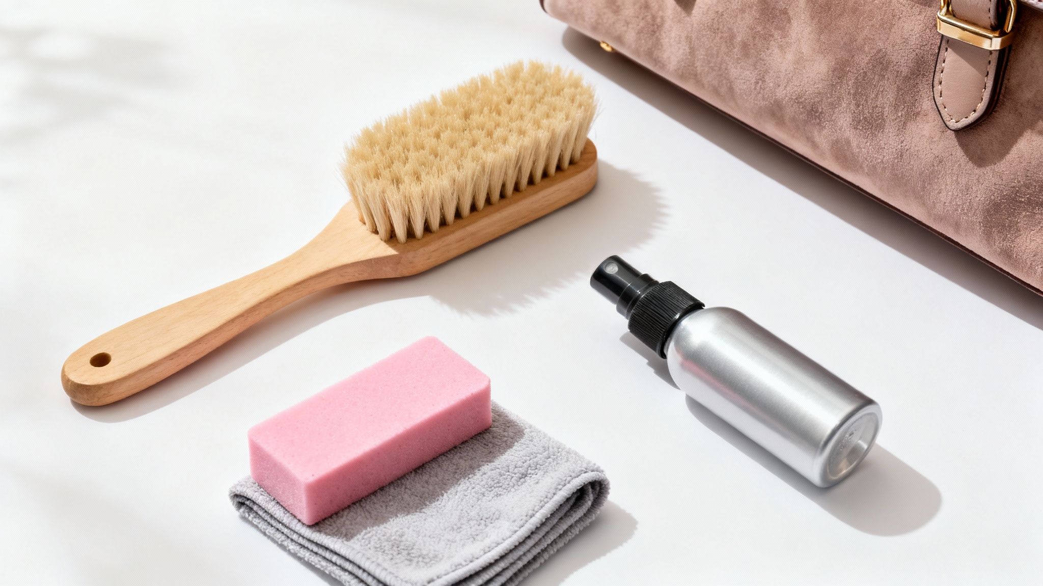 A collection of suede handbag cleaning tools including a brush, eraser, and spray arranged neatly.