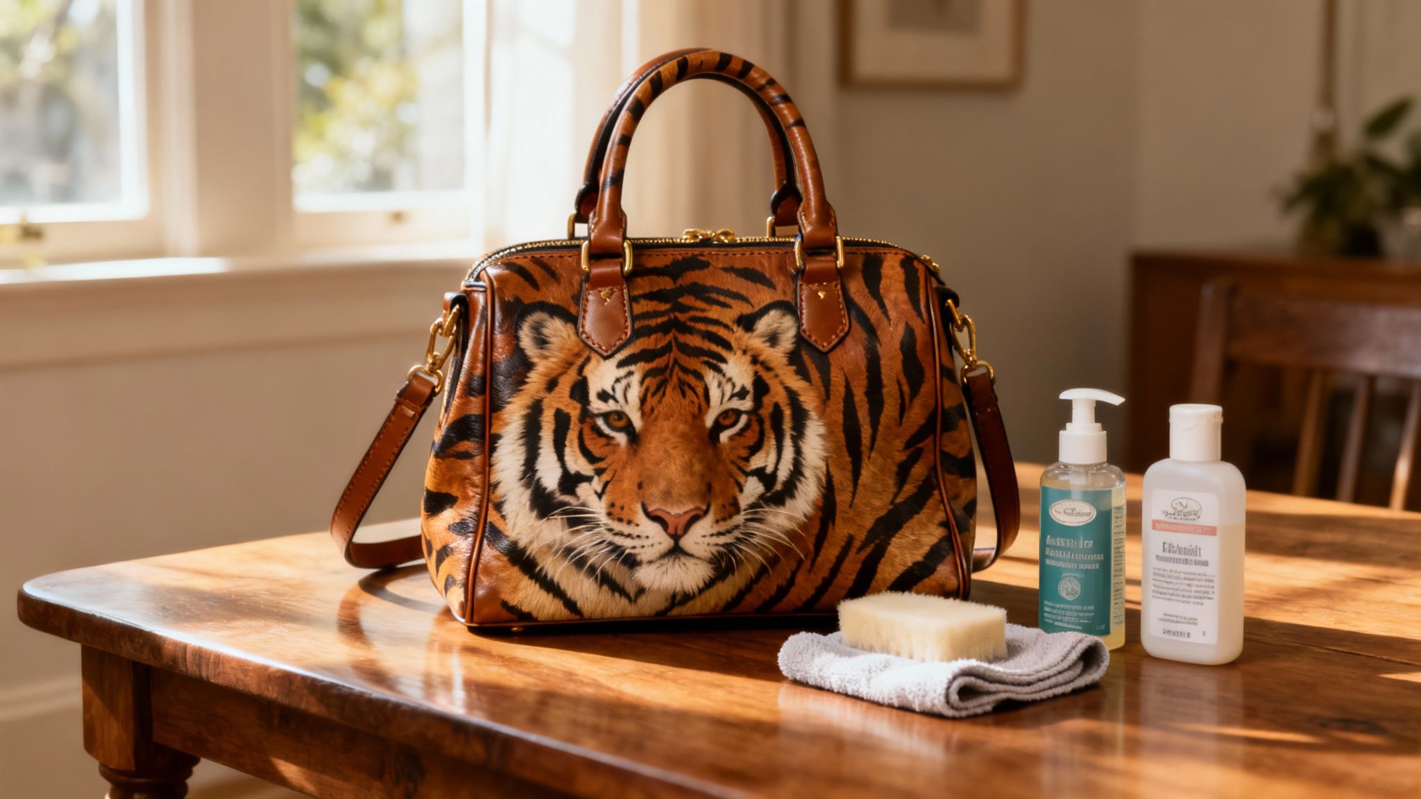 A close-up shot of a tiger print handbag, focusing on the texture of the material being cleaned.