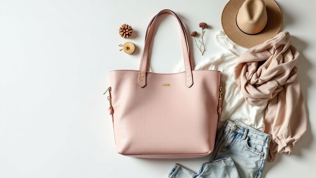 A woman confidently styles her designer pink tote with a chic outfit.