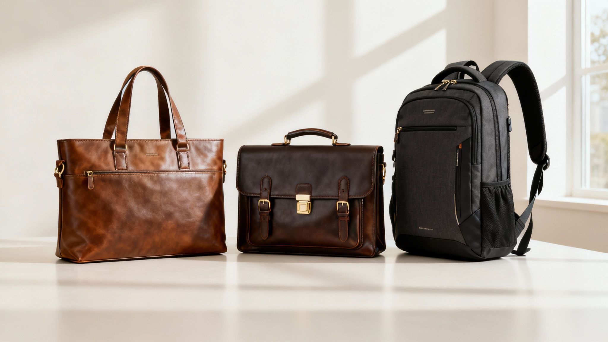 A woman in a professional setting, looking at her selection of work bags.