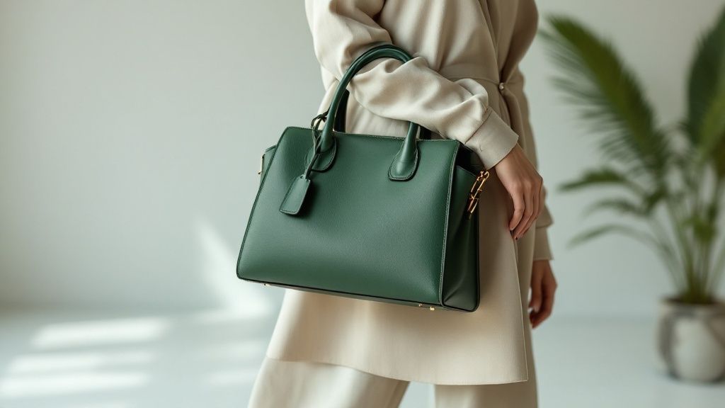 A woman holding a stylish, sustainable green luxury bag