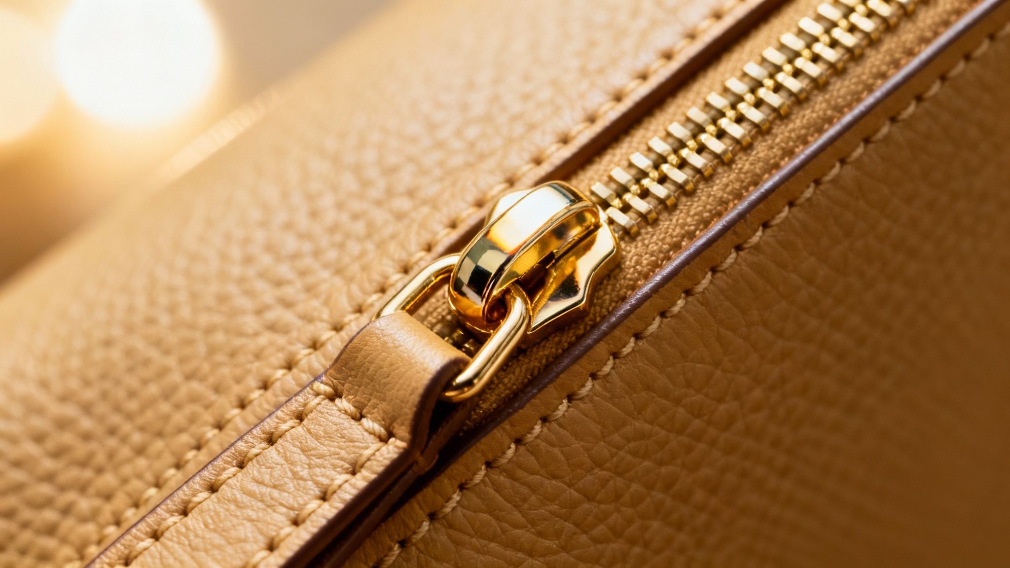 A close-up view of the detailed stitching and metal hardware on a designer bag