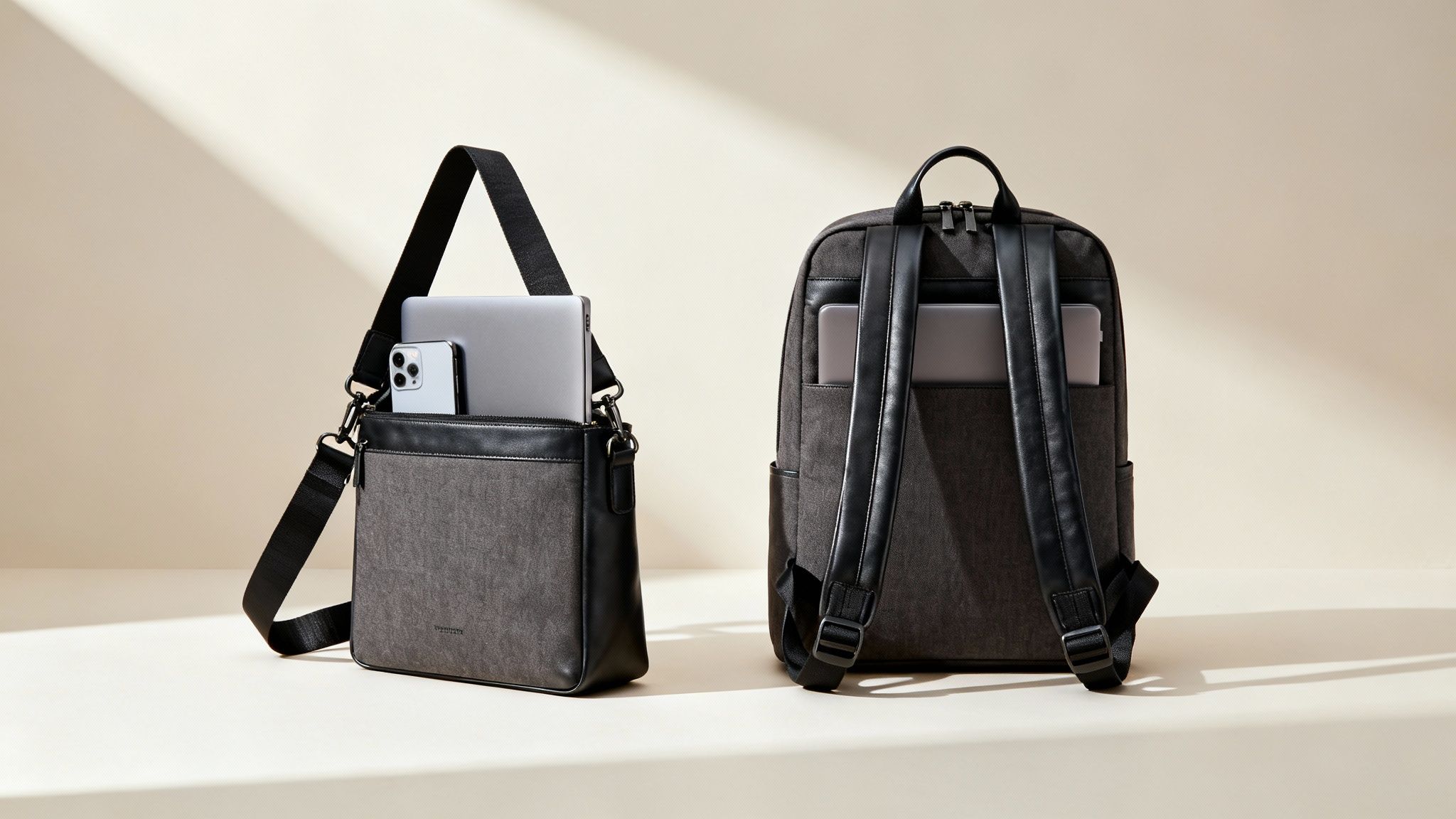 A stylish person wearing a shoulder bag backpack in an urban setting.