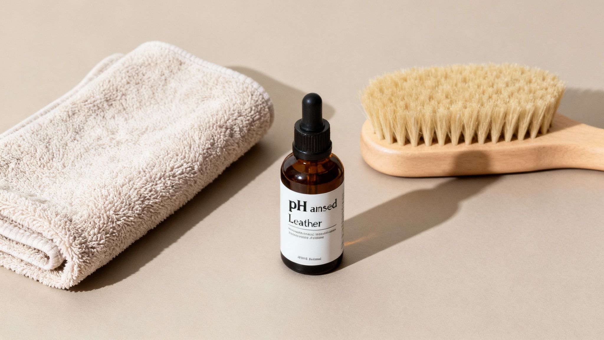 A collection of leather handbag cleaning supplies, including microfiber cloths, a soft brush, and bottles of cleaner and conditioner.
