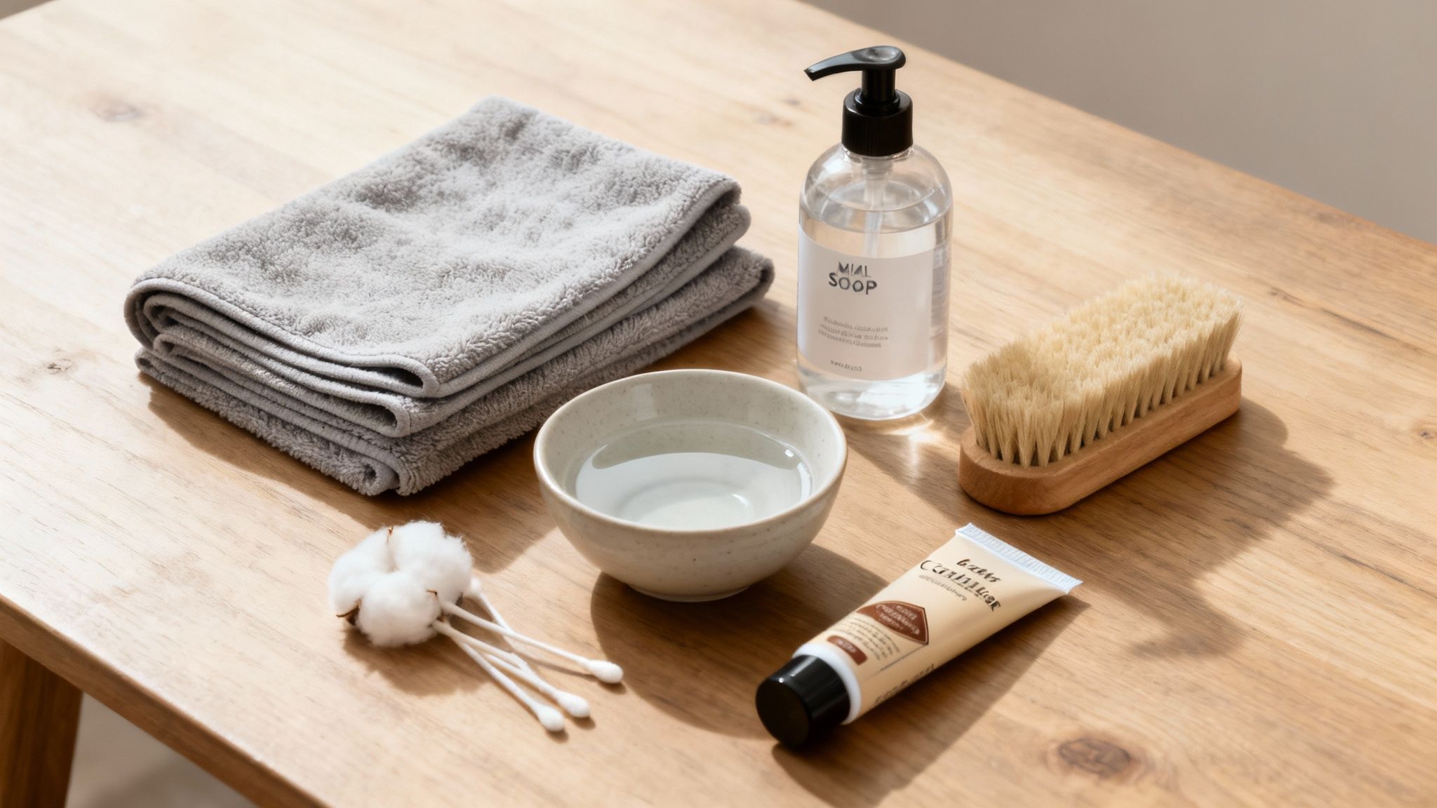 A collection of gentle cleaning tools including microfiber cloths, a soft brush, and a bottle of cleaner.