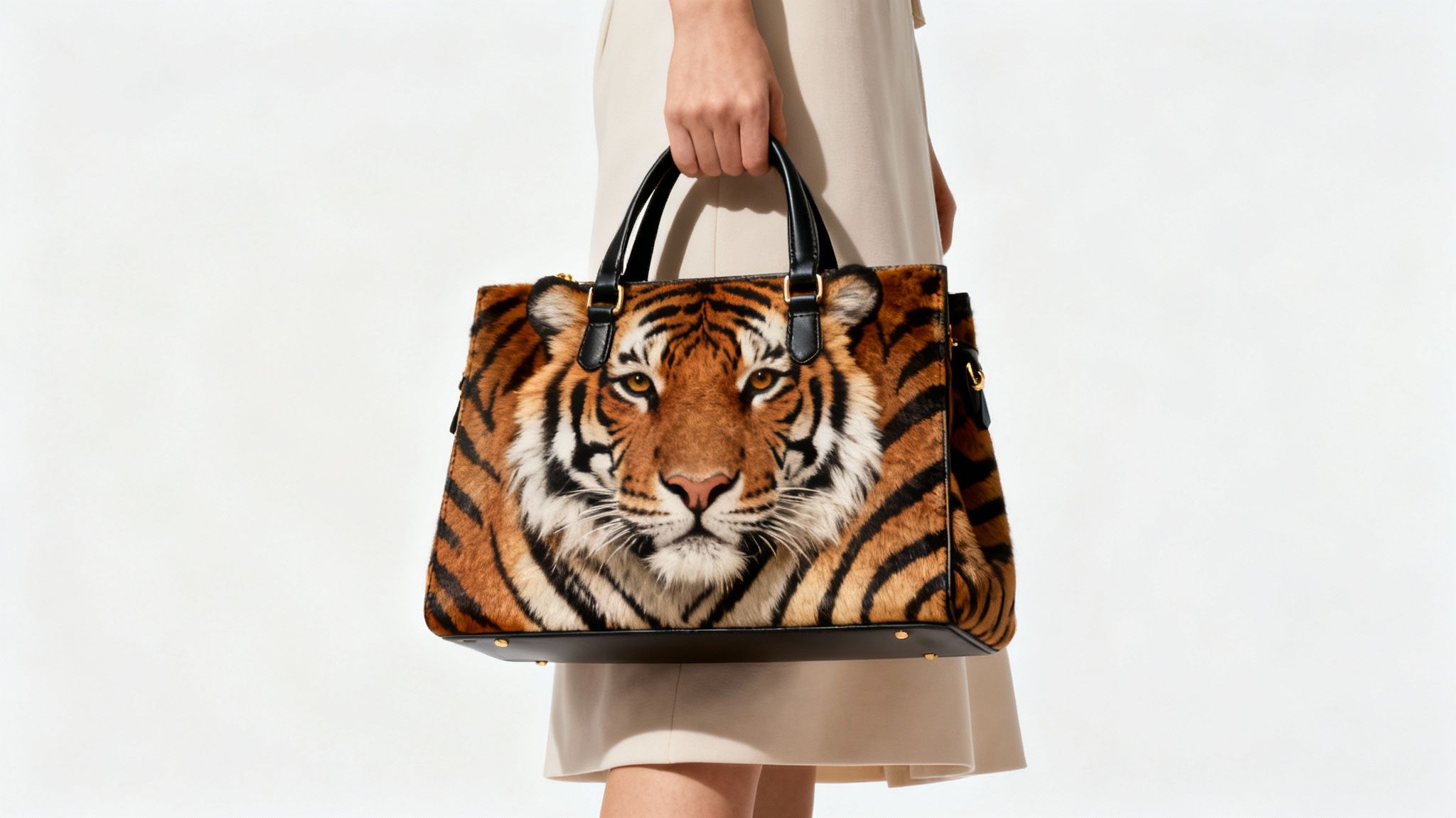 Woman holding a stylish tiger print handbag against a neutral background.