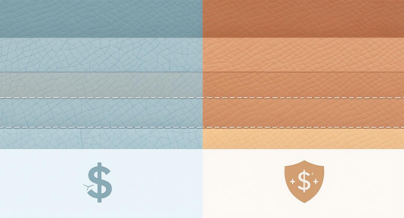 An infographic comparing the cost and durability of bonded versus genuine leather, with bonded leather shown as less expensive but prone to cracking, while genuine leather is more expensive but durable.