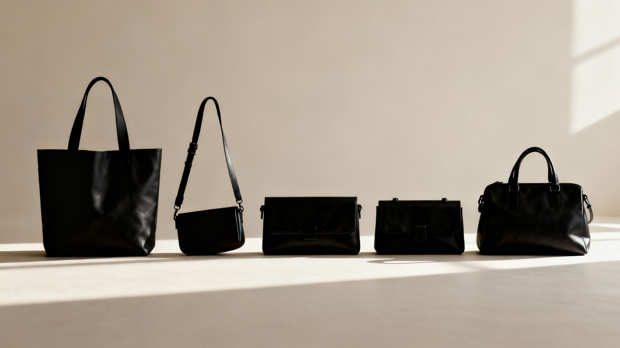 A collection of different black designer handbags styled together.