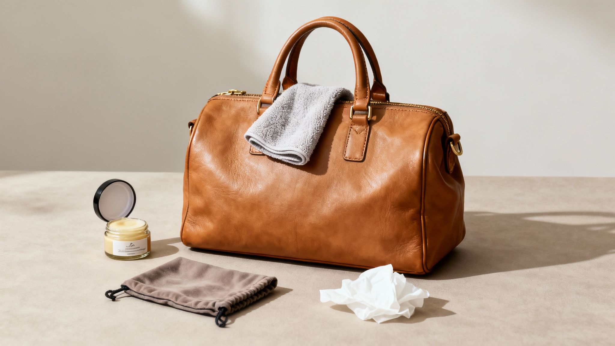 A person carefully cleaning a brown leather handbag with a soft cloth.