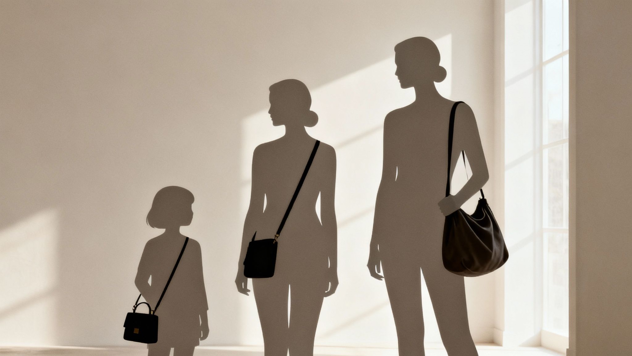 Three silhouettes of women in different sizes holding handbags showing size progression and scale
