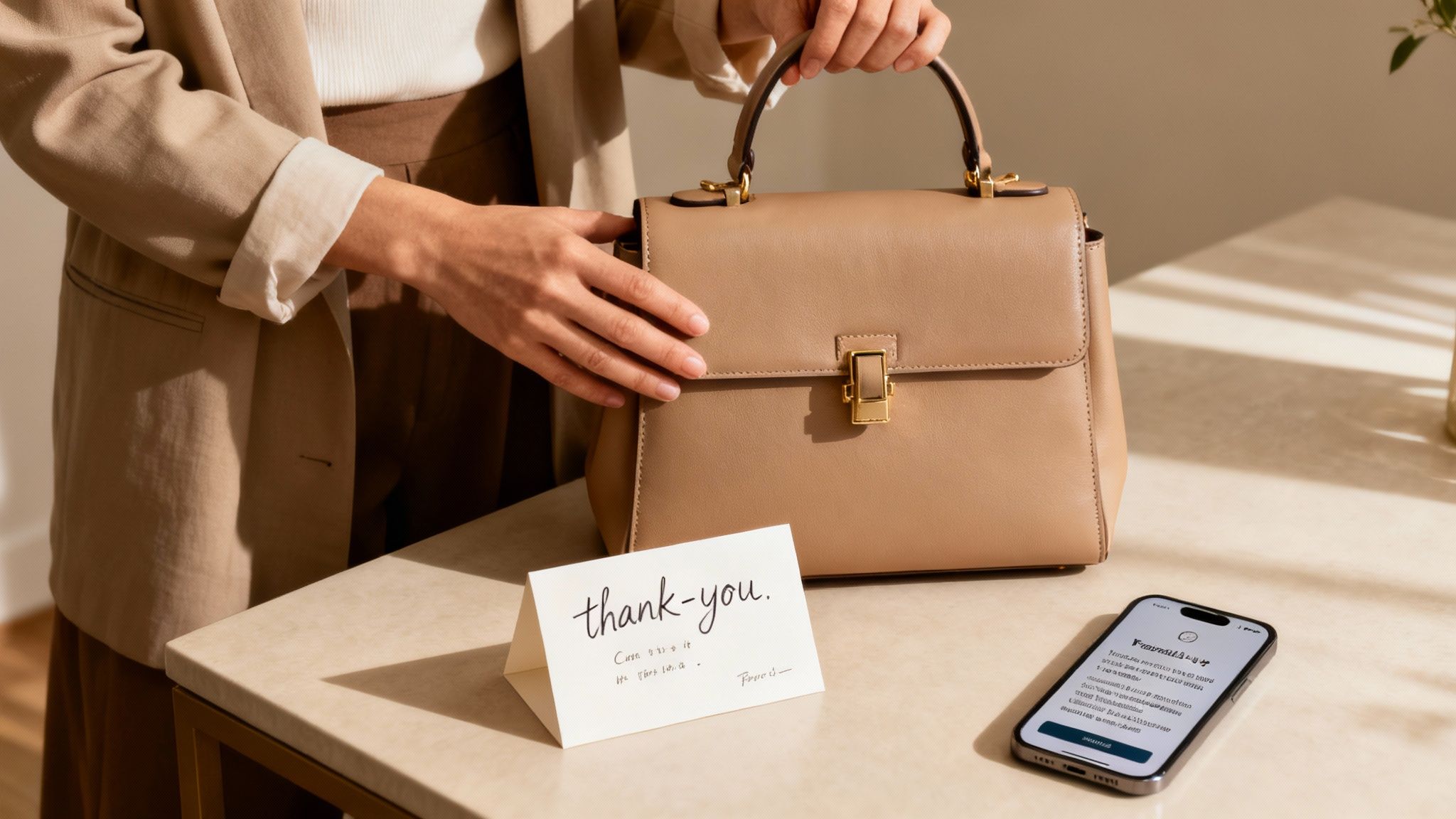 A woman smiling as she unboxes a luxury handbag