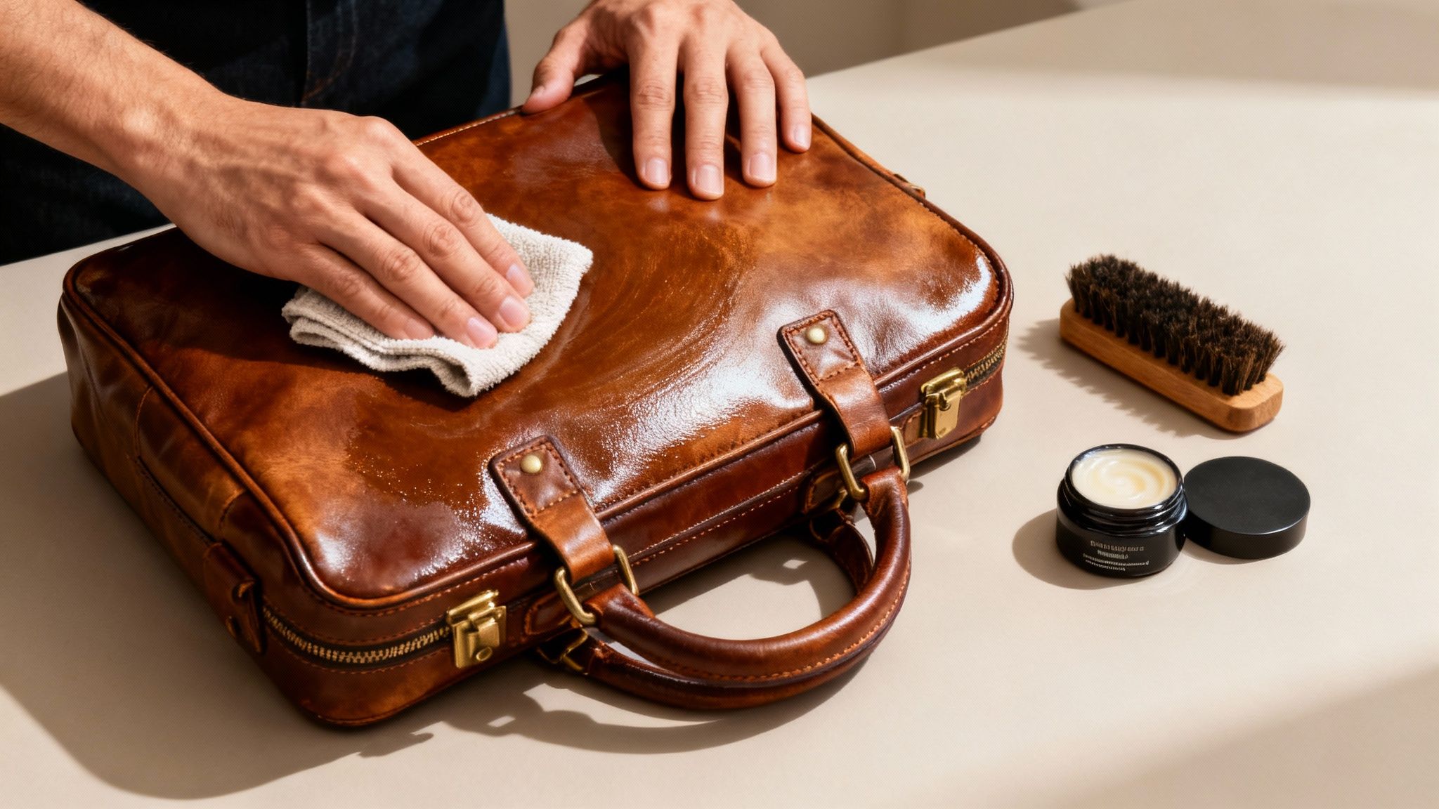 A person carefully applying conditioner to a brown leather doctor's bag.